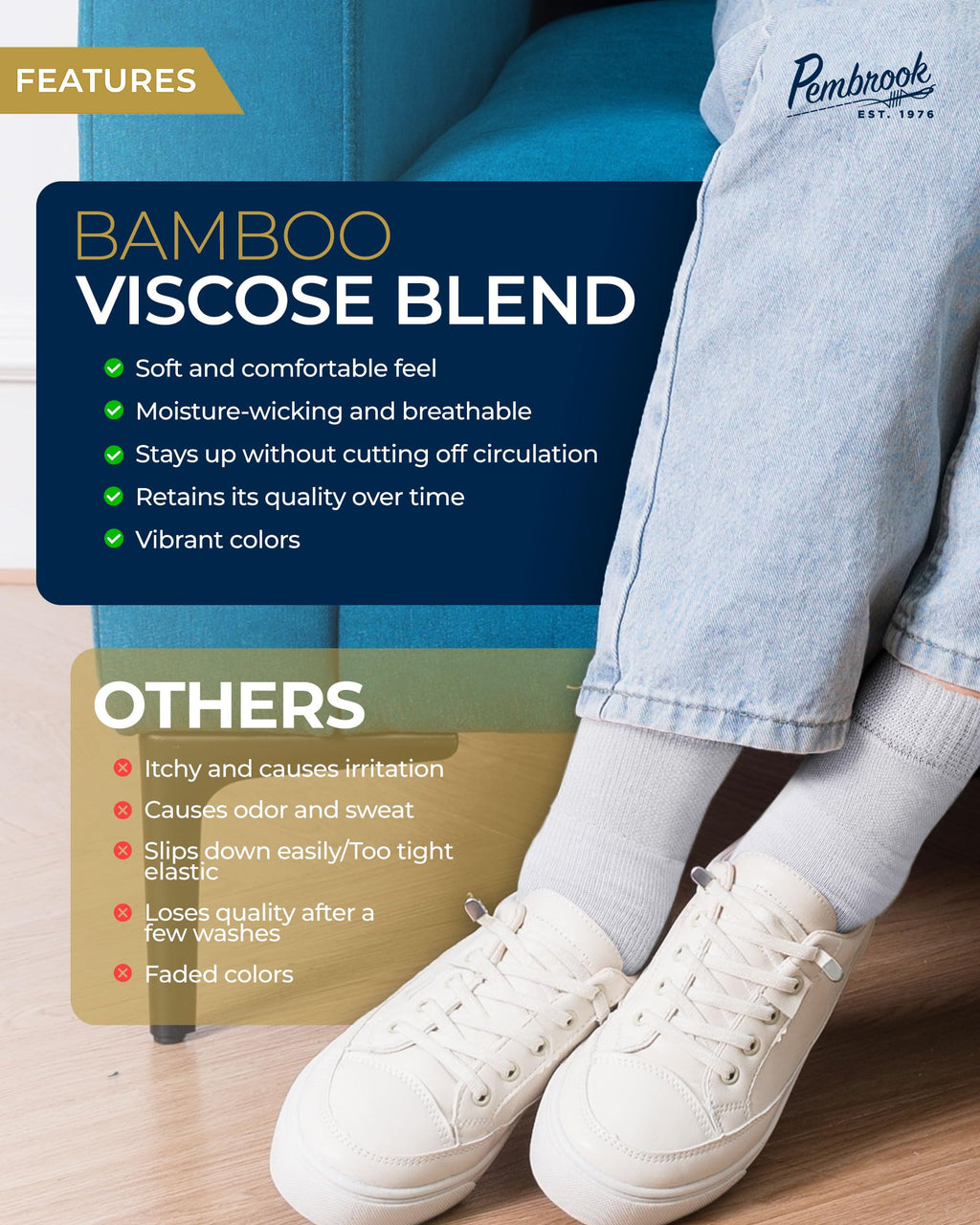 Pembrook Bamboo Viscose Diabetic Socks - 6 Pairs Ankle Socks for Women & Men, Swollen Feet & Neuropathy | Non-Binding