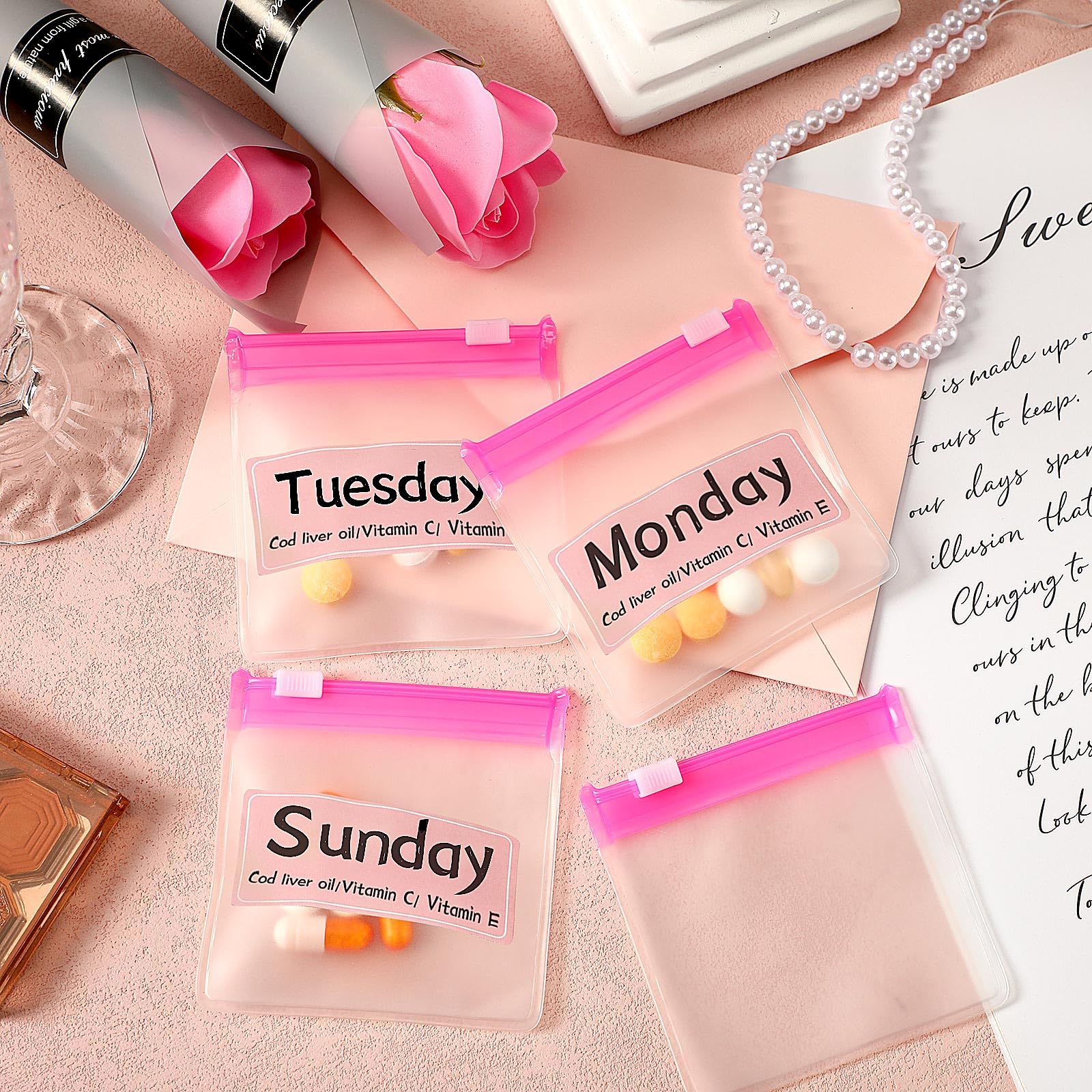 MARFOREVER 39 Pcs Pill Pouch Bags Pill Organizer, Reusable Pill Case Small Medicine Bag Tavel Pill Pouches, 28 Pcs Pink Plastic