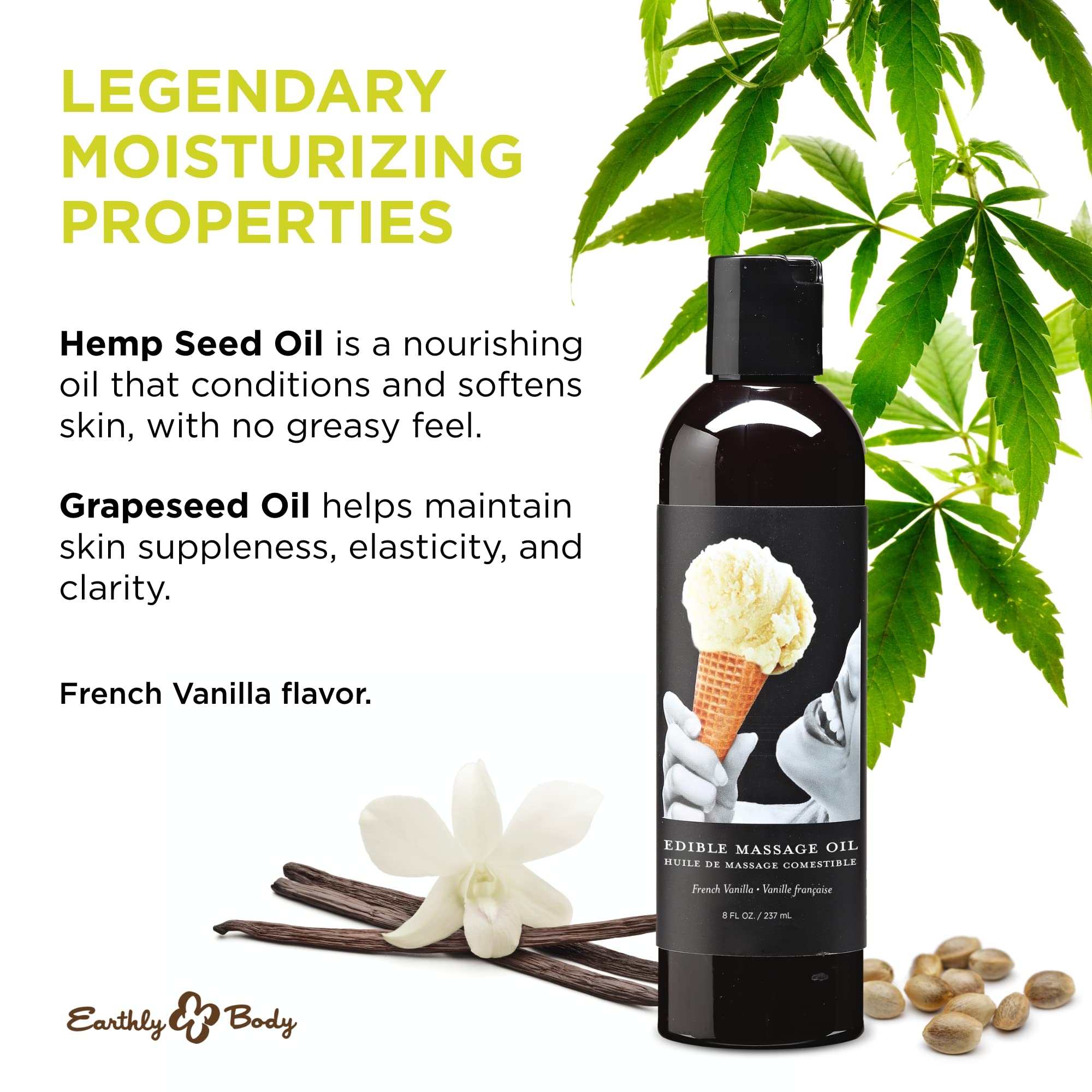 Earthly Body Edible Massage Oil, Vanilla - 8 fl. oz. - Hemp Seed, Almond, Grapeseed, Apricot & Vitamin E Oil - Vegan & Cruelty F