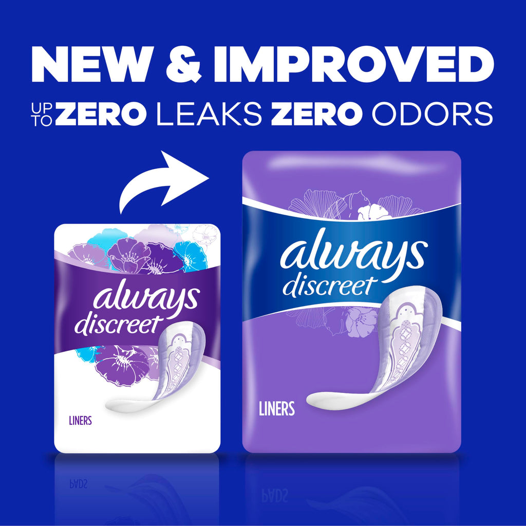 Always Discreet Adult Incontinence & Postpartum Liners For Women, Size 2, Very Light Absorbency, Long Length, 44 Count x 3 Packs