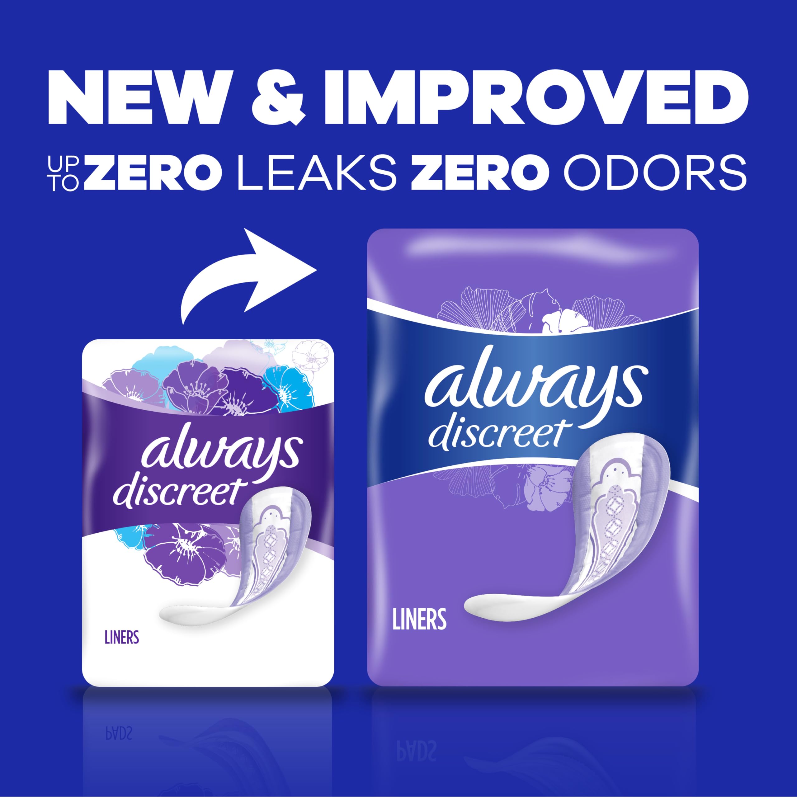 Always Discreet Adult Incontinence & Postpartum Liners For Women, Size 2, Very Light Absorbency, Long Length, 44 Count x 3 Packs