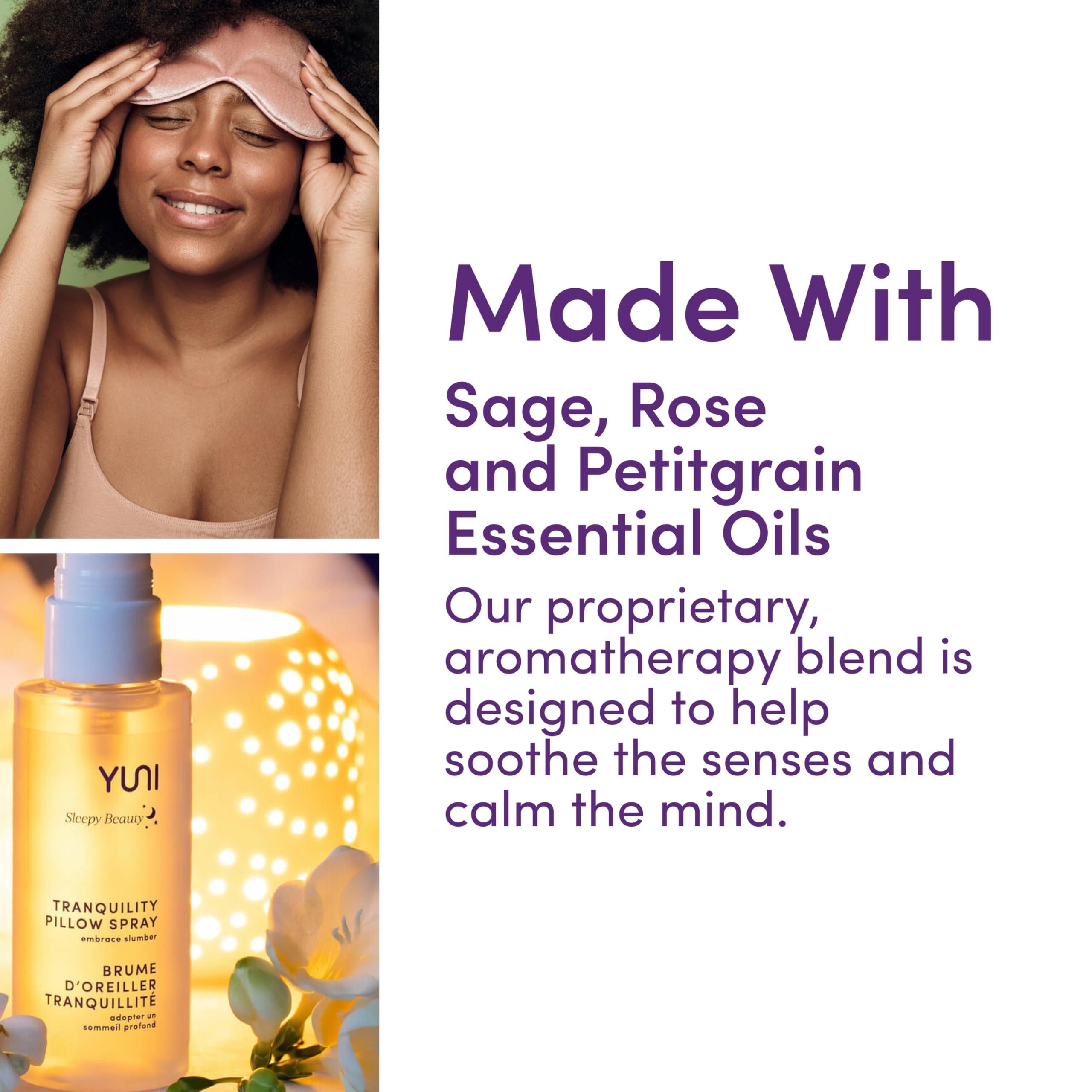 YUNI Beauty Aromatherapy Sleep Spray (2oz) Essential Oil Natural Sleep Aid Pillow Spray - Calming & Relaxing - Plant-based, Vega