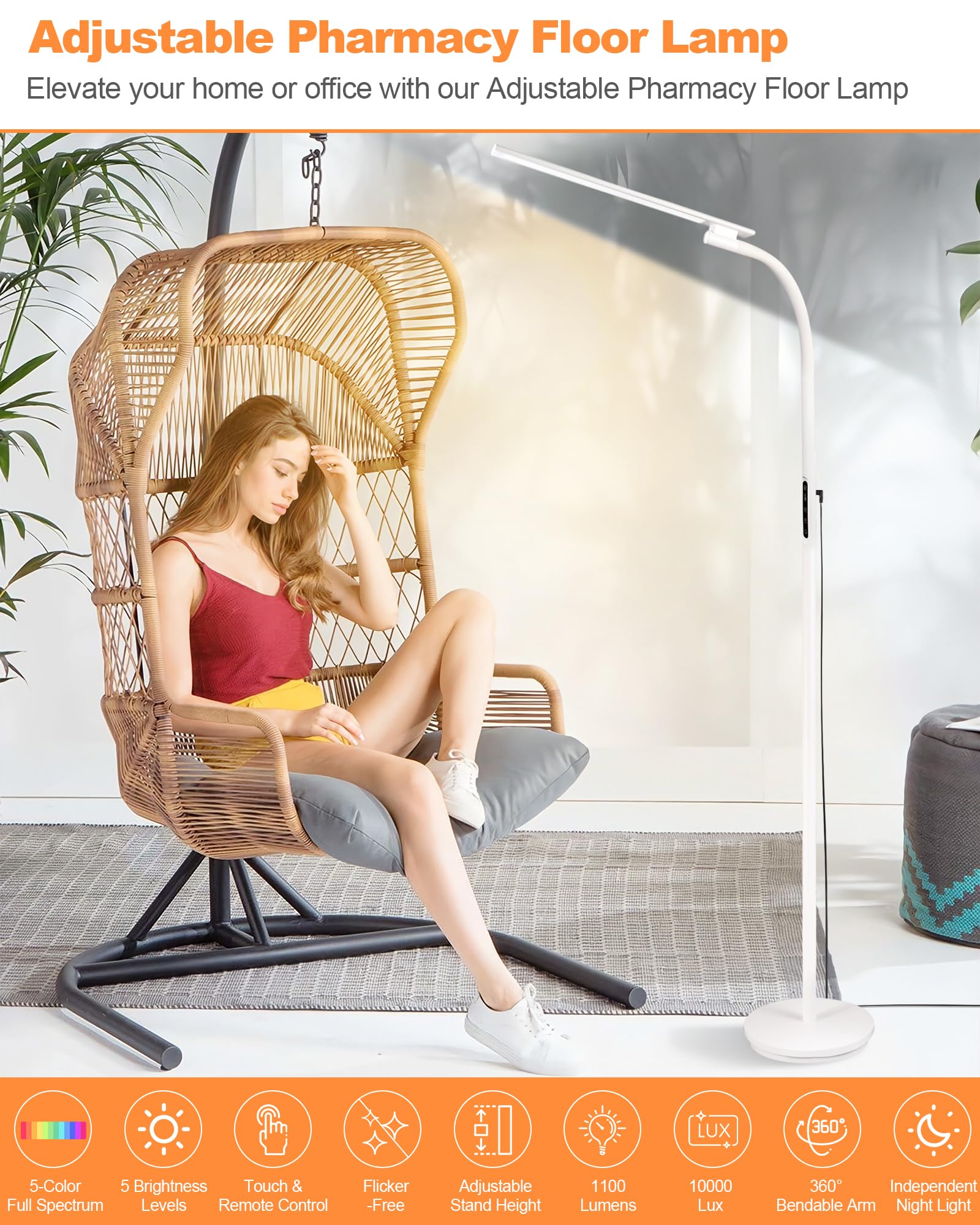 Aoife Light Therapy Floor Lamp 5 Color Temperatures 5 Brightness Levels Remote & Touch Control Timer 360Convertible Adjustable w