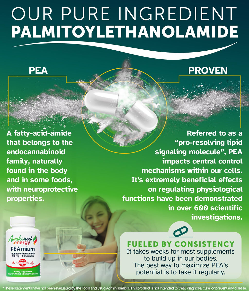 Palmitoylethanolamide 450mg Comfort Mobility Nerves Cognitive & Immune Support - Micronized High Absorption - All Natural Pea -