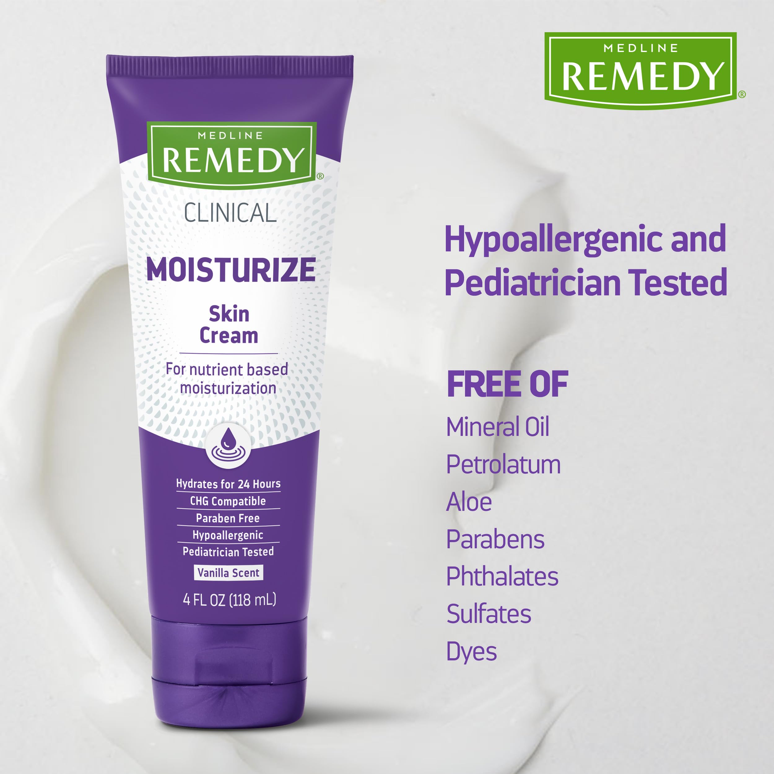 Medline Remedy Clinical Skin Cream, Vanilla Scent (4 fl oz), Moisturizing Face and Body Cream for All Ages, Paraben & Sulfate Fr