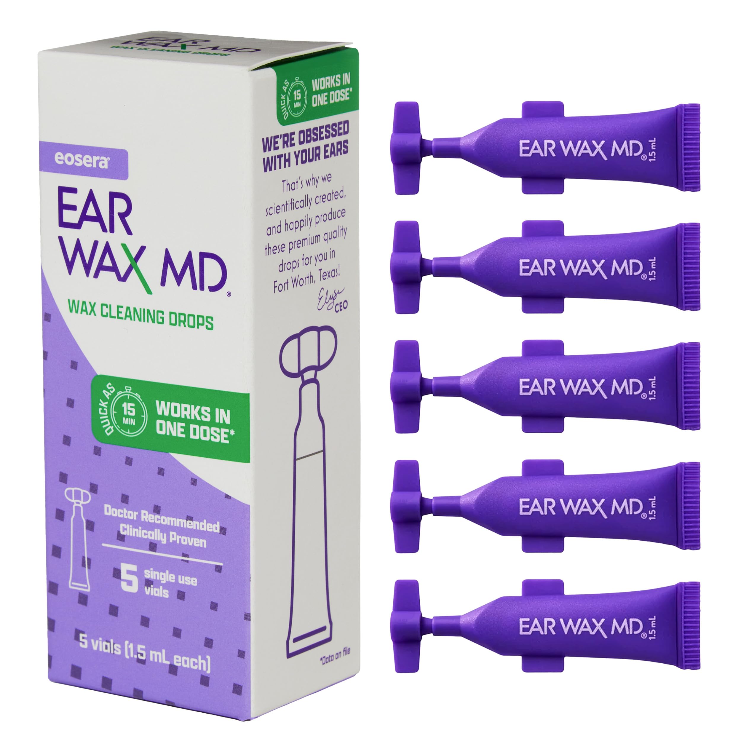 eosera Ear Wax MD Cleaning Drops - Fast-Acting Earwax Removal Solution - 5 Single-Use Vials - Doctor Recommended, Clinically Pro