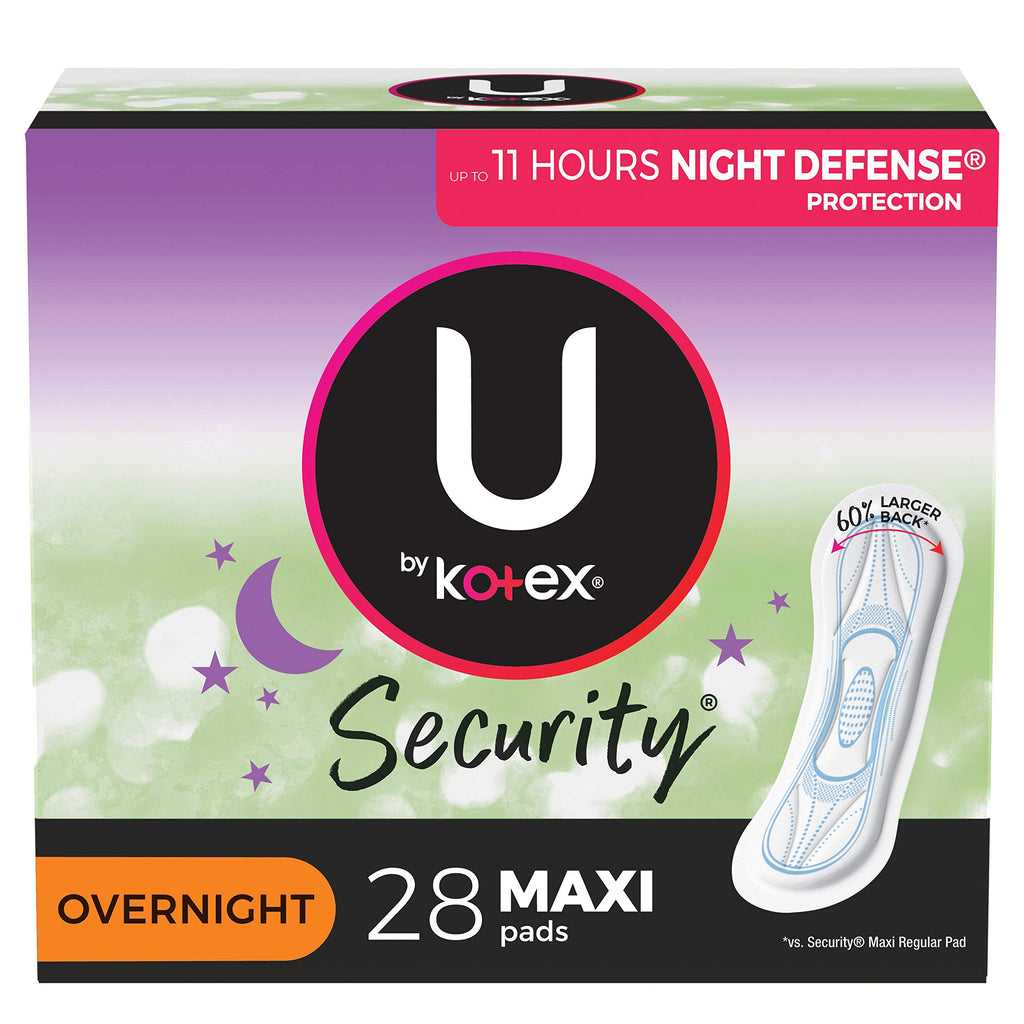 U by Kotex Security Maxi Feminine Pads, Overnight Absorbency, Unscented, 28 Count