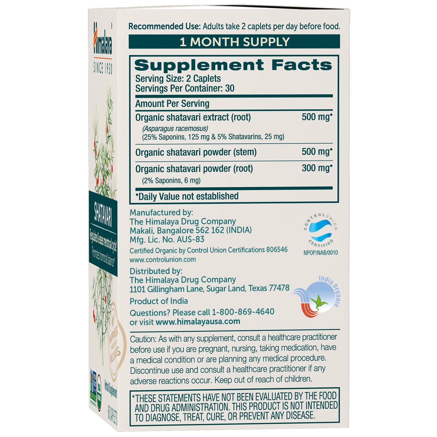 Himalaya Organic Shatavari for PMS, Menstrual Cramp Relief, Menopause Support, and Womens Health, 1,300 mg, 60 Caplets, 1 Month