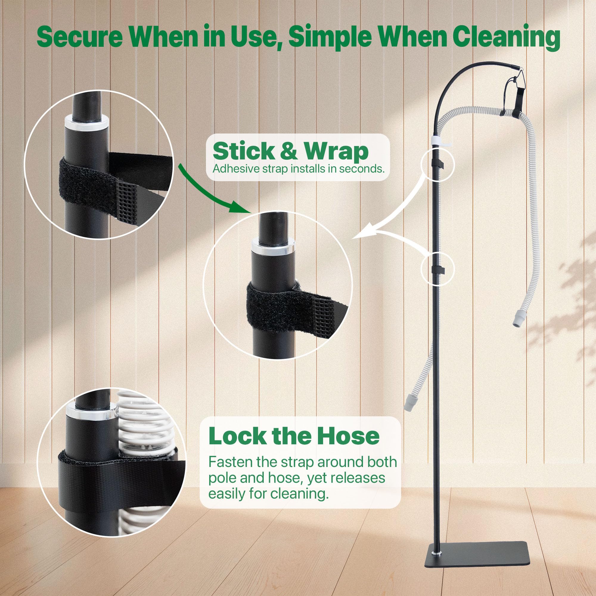 CPAP Hose Holder Stand for Improving Sleep Comfort- Customizable Height & Position for All Bed Heights, Includes Mask Hook & Tub