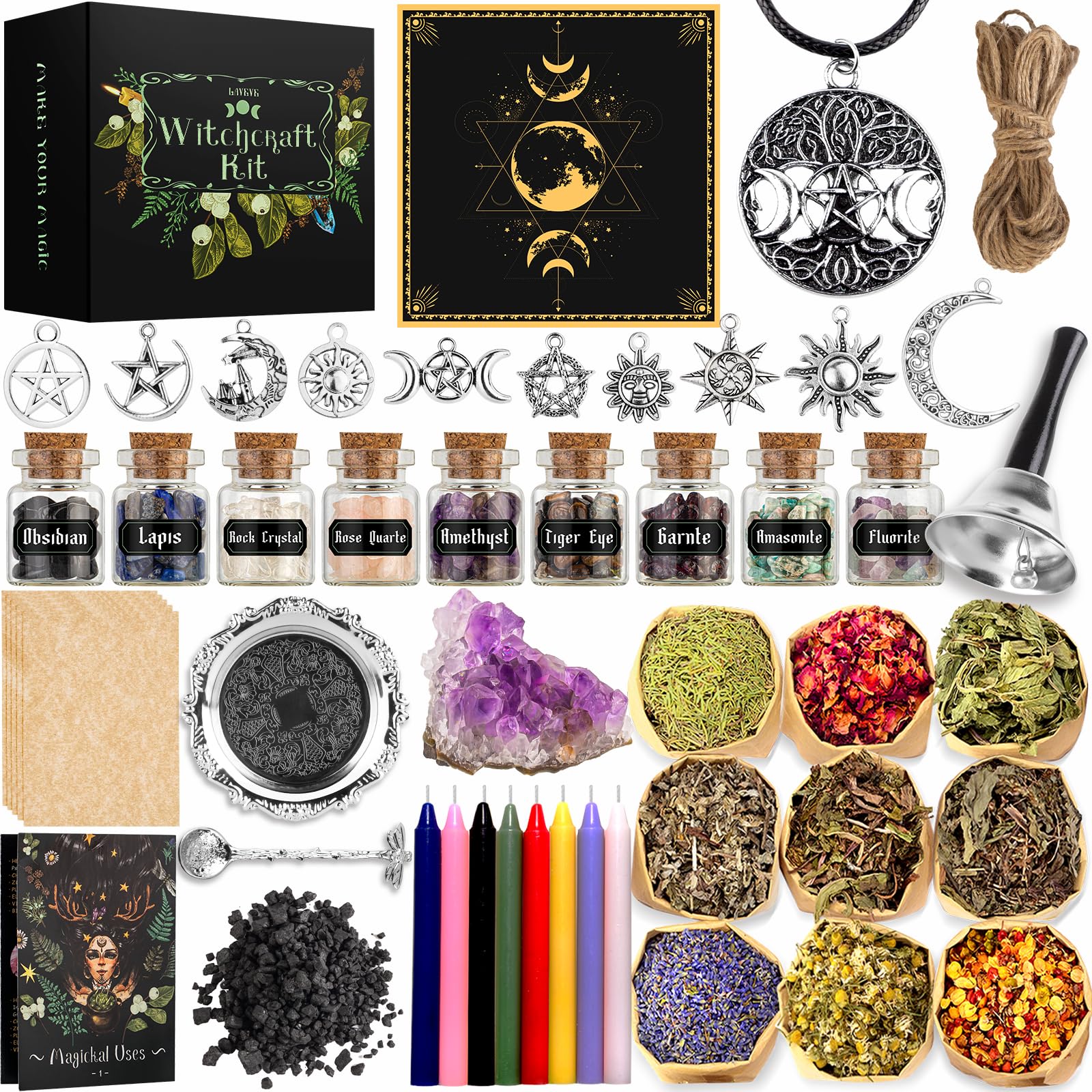 Witchcraft Supplies Kit for Spells, 56 PCS Witch Box Include Dried Herb Crystal Candles Amethyst Cluster Parchment, Wiccan Suppl
