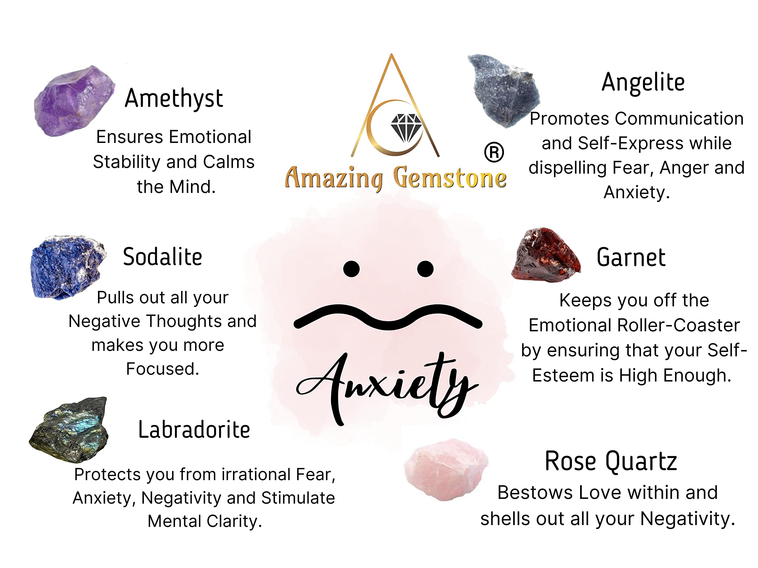 Crystals for Anxiety Manifestation, Set of 6 Amethyst, Sodalite, Labradorite, Angelite, Garnet and Rose Quartz Healing Crystals