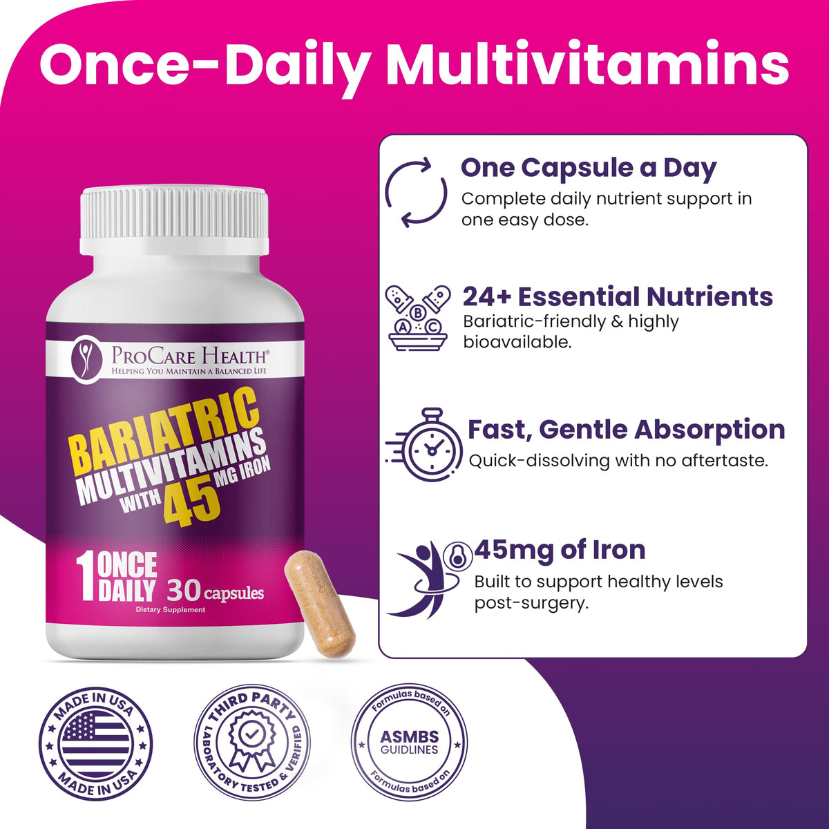 ProCare Health Bariatric Multivitamin 45mg Iron – Once Daily Capsule for Gastric Bypass, Sleeve & Post-Op Support – 90 Easy-to-Swallow Capsules, 3-Month Supply, No Artificial Colors, Gluten-Free