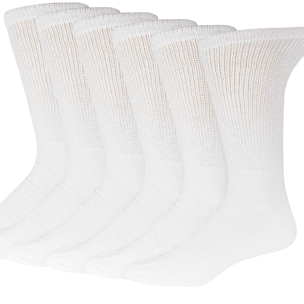 6 Pairs of Cotton Diabetic Non-Binding Neuropathy Crew Socks (White, Fits Mens shoe size 9-12/Womens shoe size 10-13)