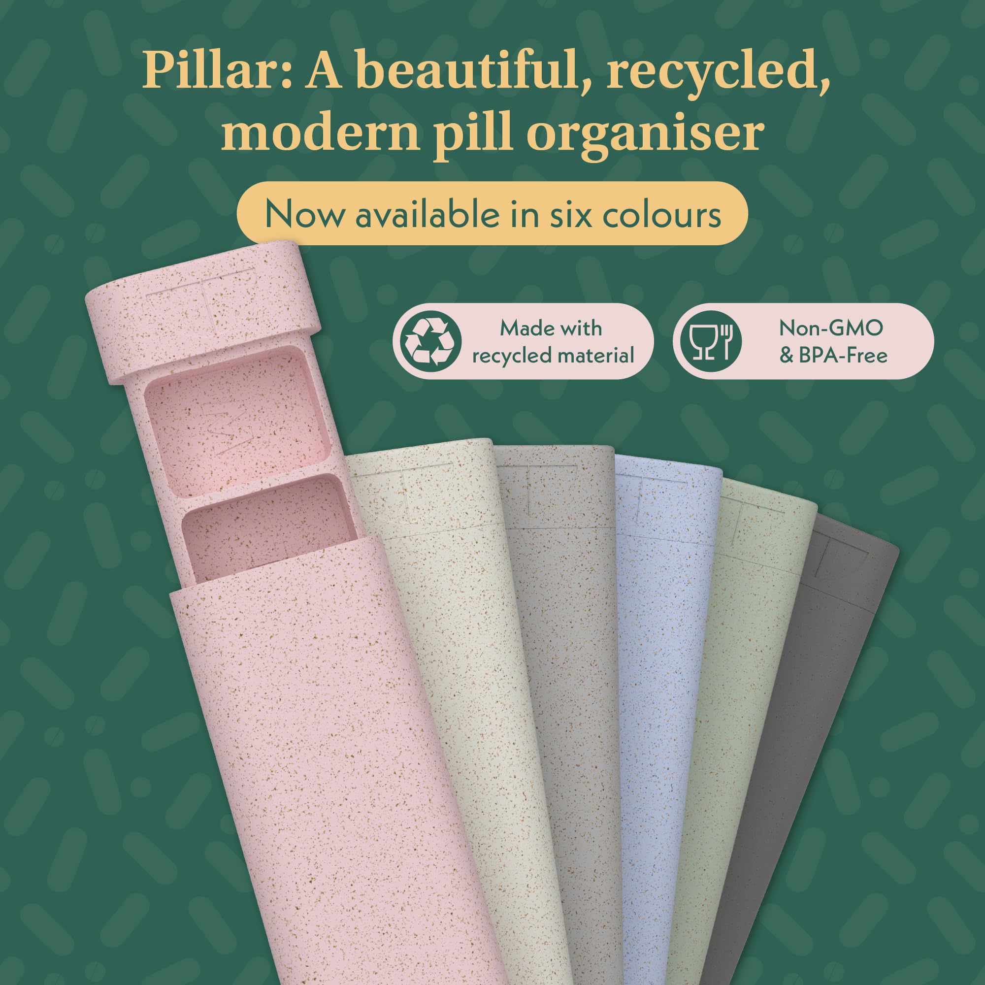 Pillar - 7 Day Pill Box Organizer | BPA-Free Wheat Straw Pill Organizer | Beautiful Tablet Organizer for Travel and Home (Cool G
