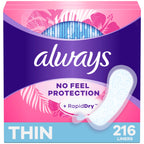 Always Thin No Feel Protection Daily Liners, Regular Absorbency, Unscented, 216 Count