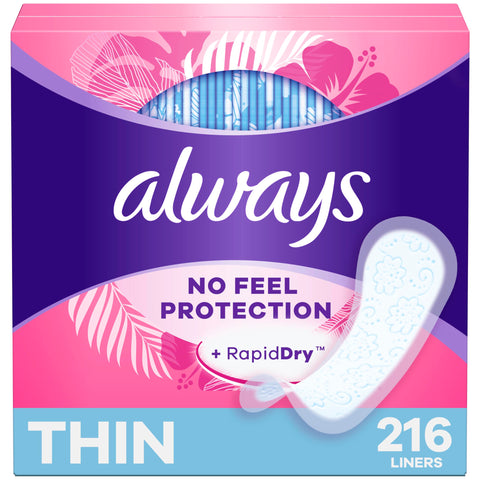 Always Thin No Feel Protection Daily Liners, Regular Absorbency, Unscented, 216 Count