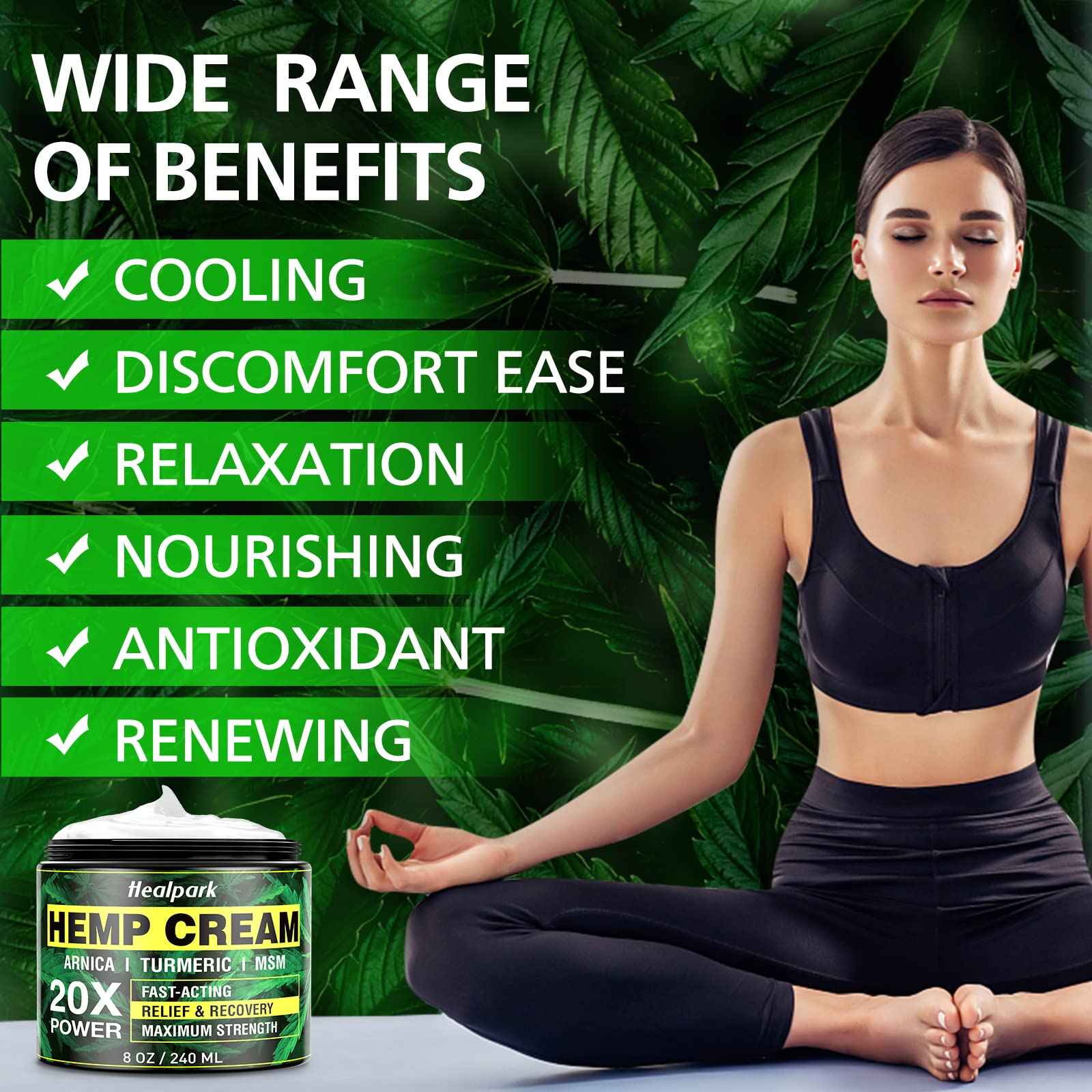 Natural Hemp Cream 8 fl oz - Maximum Strength - Arnica,MSM, Turmeric, Emu Oil, Menthol, Aloe - Muscle, Joint, Nack, Shoulder, Ba