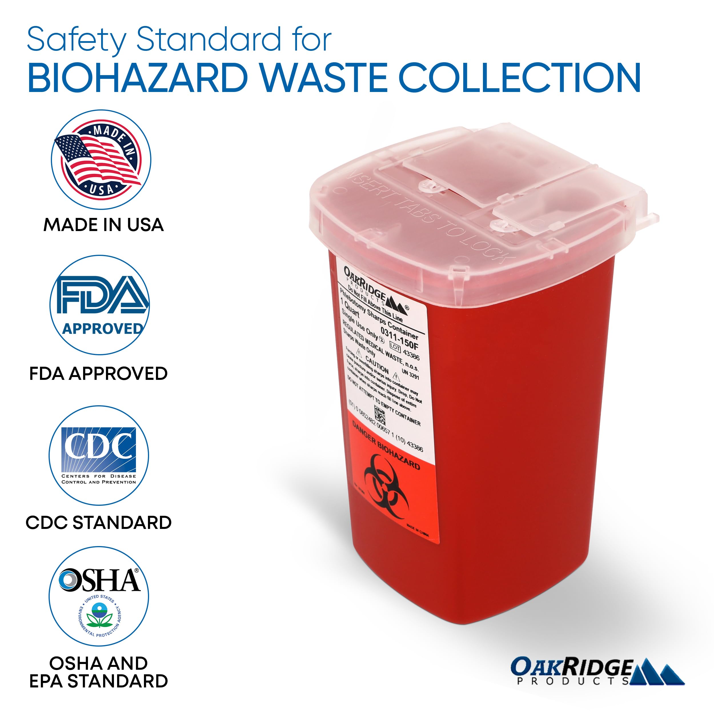 Oakridge Products Sharps Container for Home Use and Professional 1 Quart (3-Pack), Biohazard Needle and Syringe Disposal, Flip-u