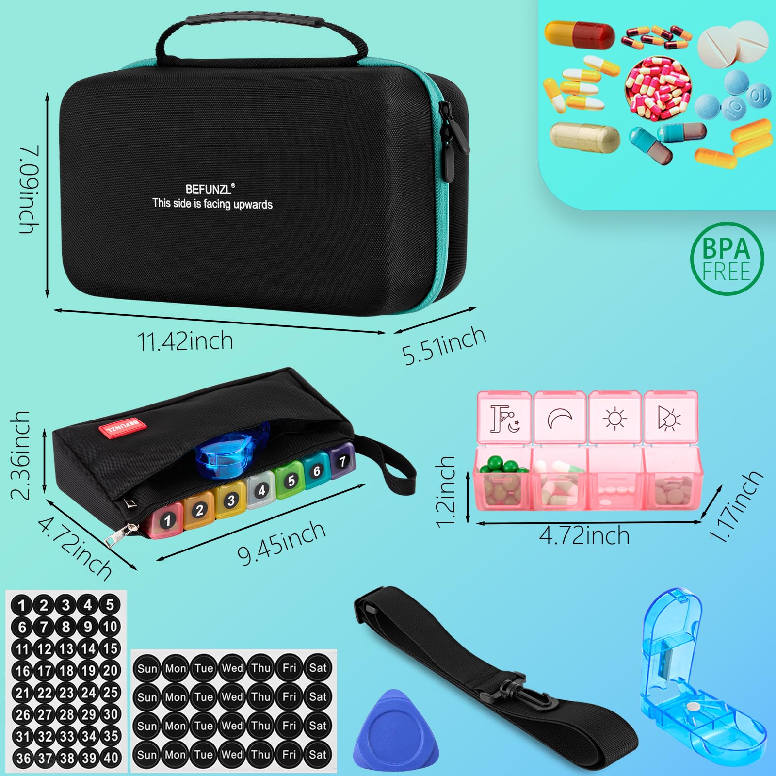 BEFUNZL Monthly Pill Organizer, Medicine Organizer Box with Portable Hard Shell and Pill Cutter, 31 Day Pill Holder with Weekly