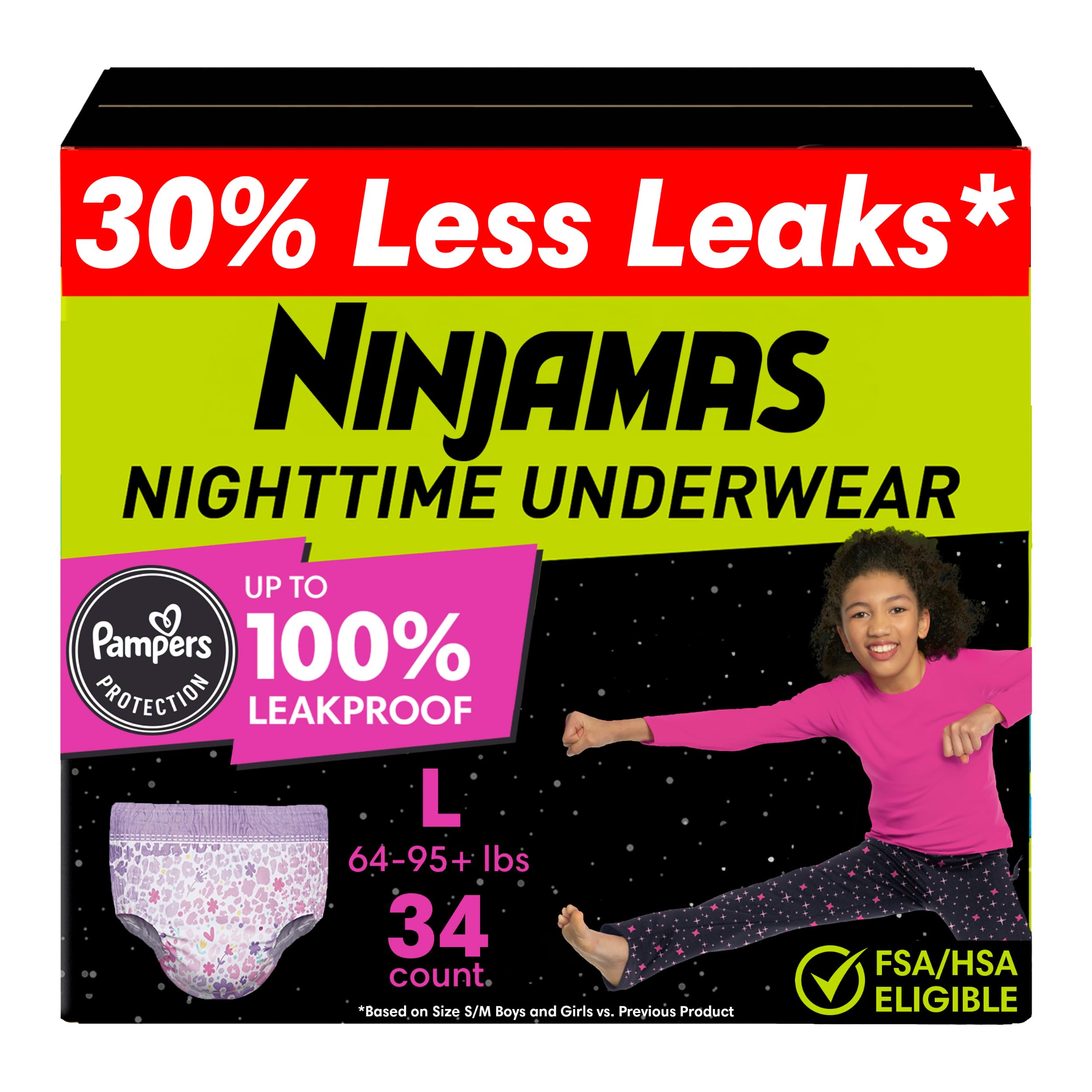 Ninjamas Girls Bedwetting Nighttime Underwear, Size L (64-95+ lbs), 34 Count, Overnight Protection, Ultra Absorbent, Hypoallerge