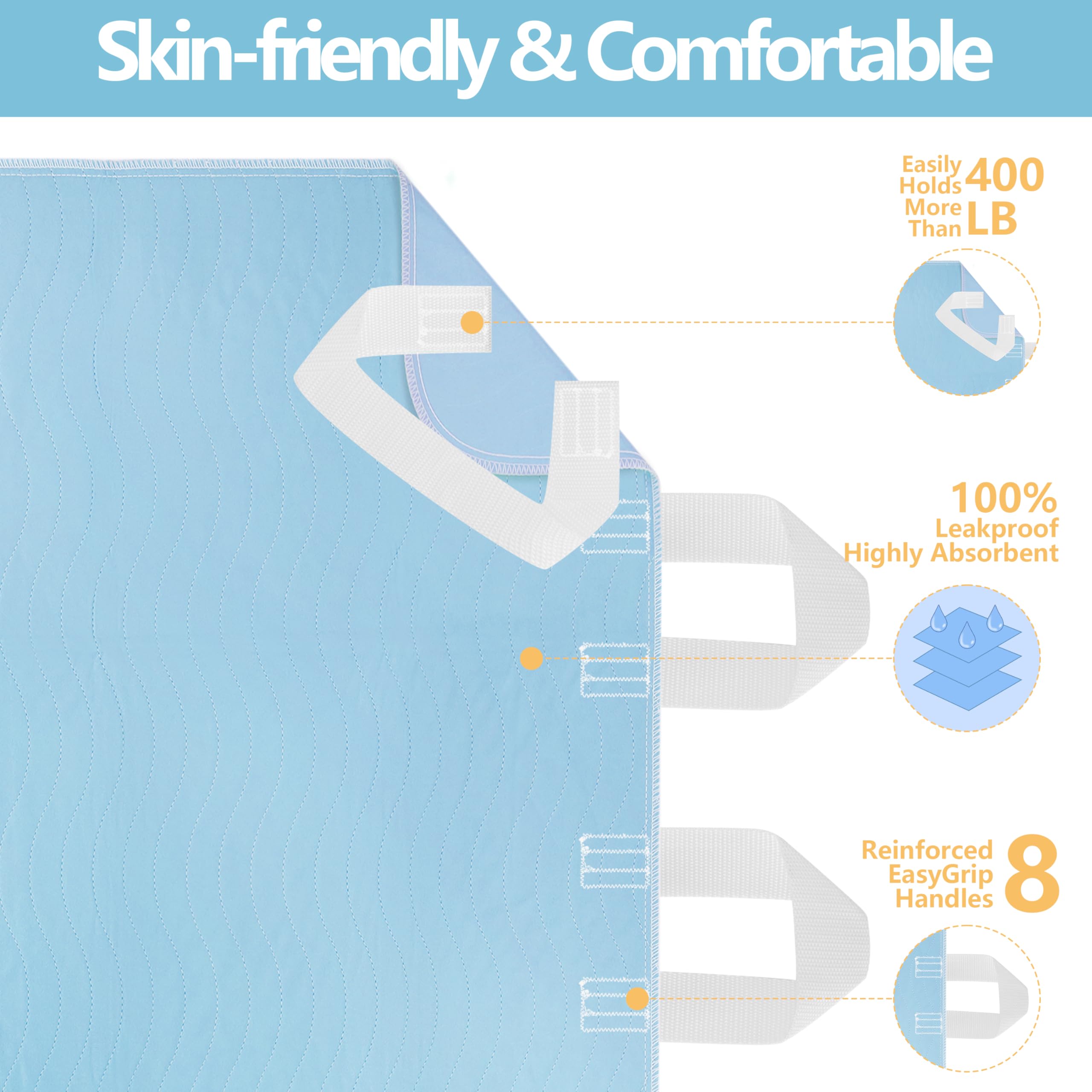 DAHAPYBOO Improvia Positioning Bed Pad 34x52 with 8 Reinforced Handles,Washable Underpads 4 Pack Incontinence,Heavy Absorbency R
