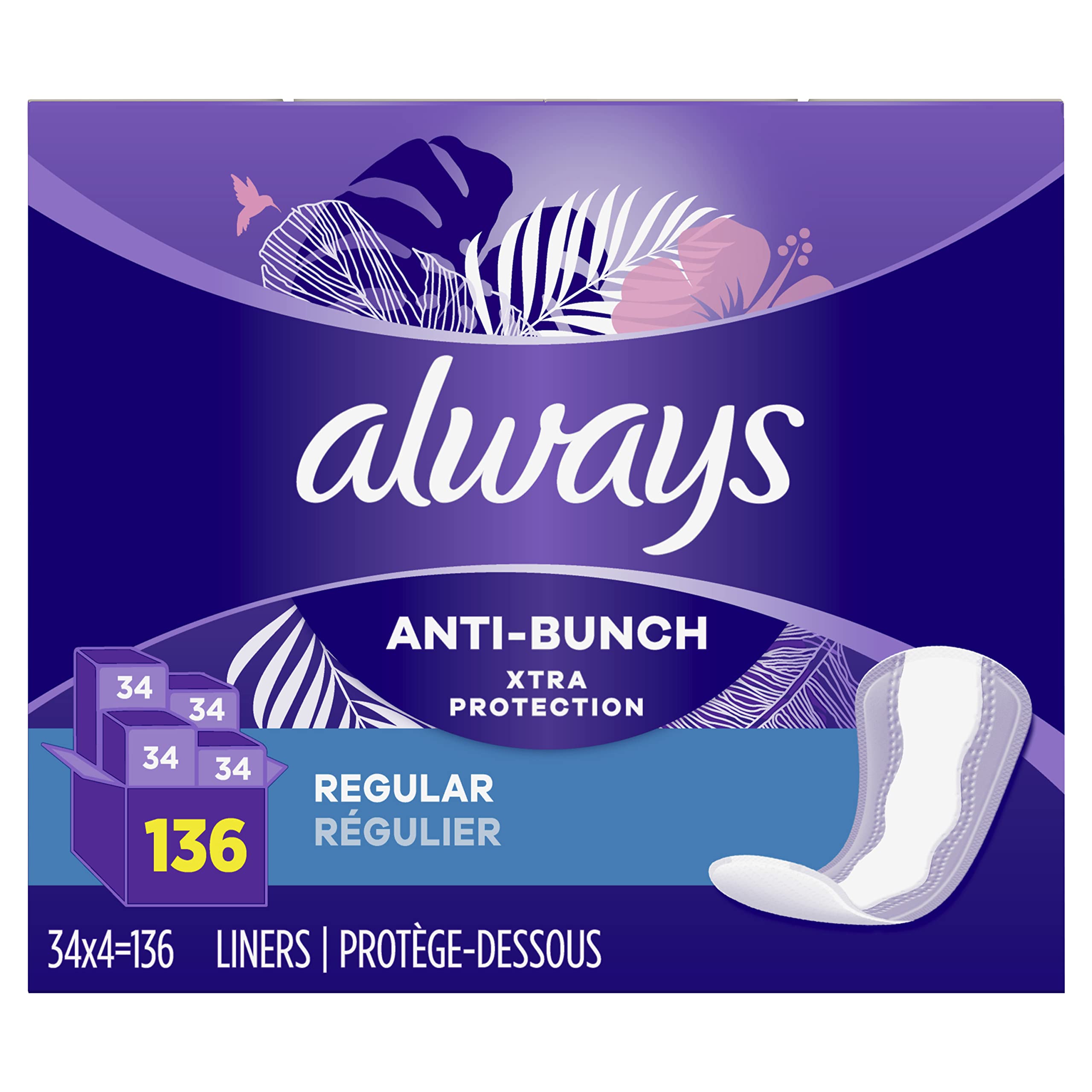 Always Anti-Bunch Xtra Protection Daily Liners, Regular Length, Unscented, 34 Count x 4 (136 Count Total) (Packaging May Vary)