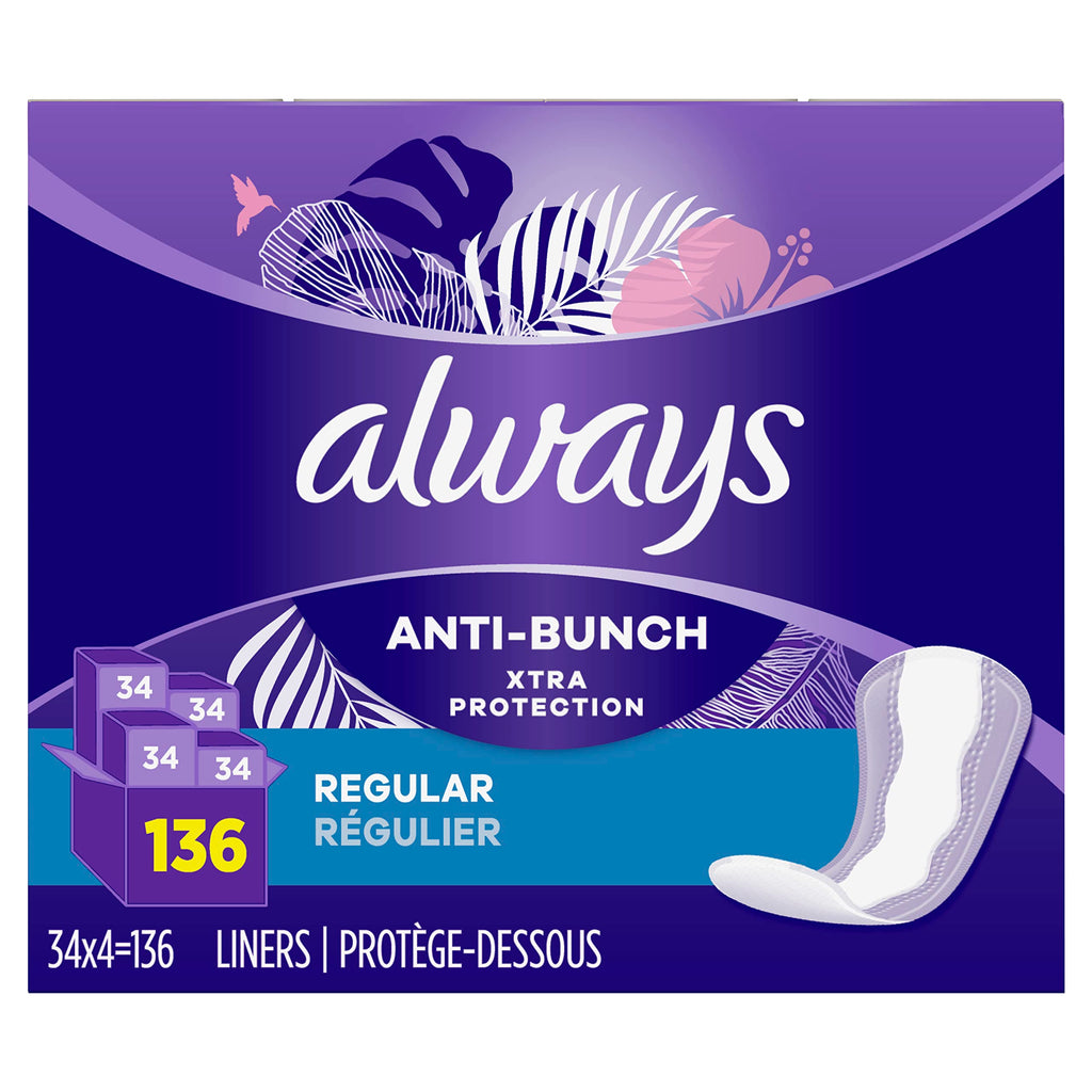 Always Anti-Bunch Xtra Protection Daily Liners, Regular Length, Unscented, 34 Count x 4 (136 Count Total) (Packaging May Vary)