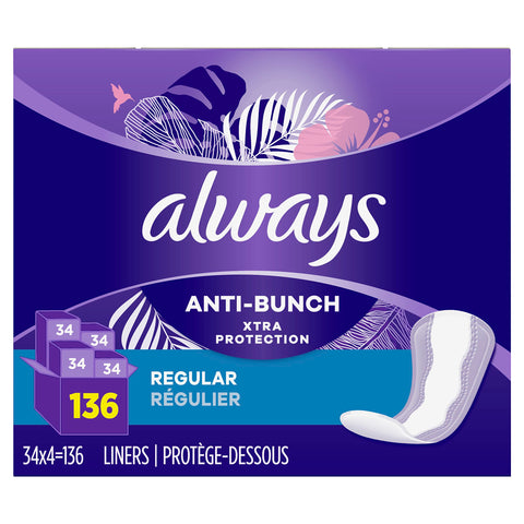 Always Anti-Bunch Xtra Protection Daily Liners, Regular Length, Unscented, 34 Count x 4 (136 Count Total) (Packaging May Vary)