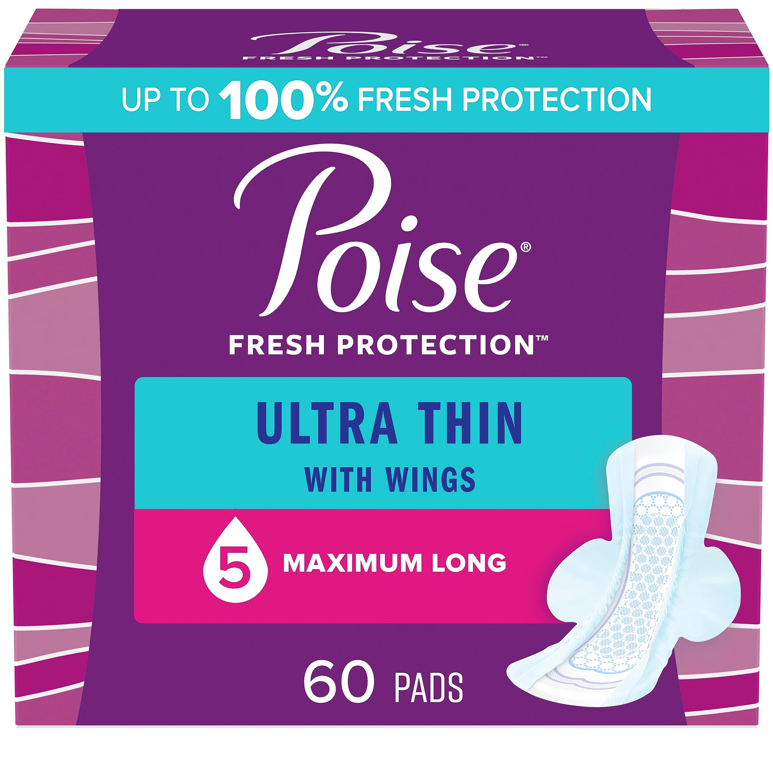 Poise Ultra Thin Incontinence Pads with Wings & Postpartum Incontinence Pads, 5 Drop Maximum Absorbency, Long Length, 60 Count (