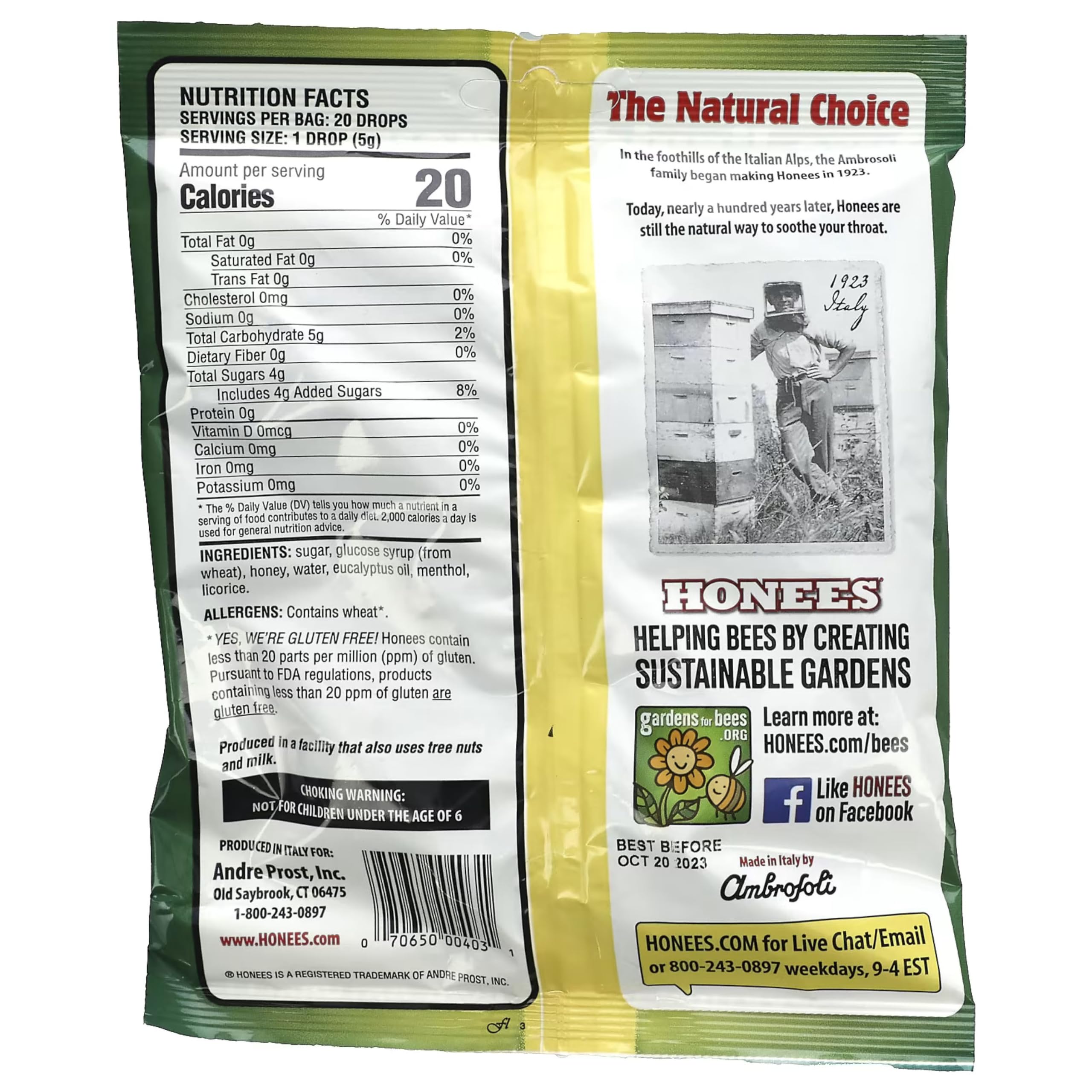 Honees Filled Menthol Cough Drops, Honey, Menthol & Eucalyptus Cough Drops- Natural Sore Throat Relief - Nothing Artificial -Thr