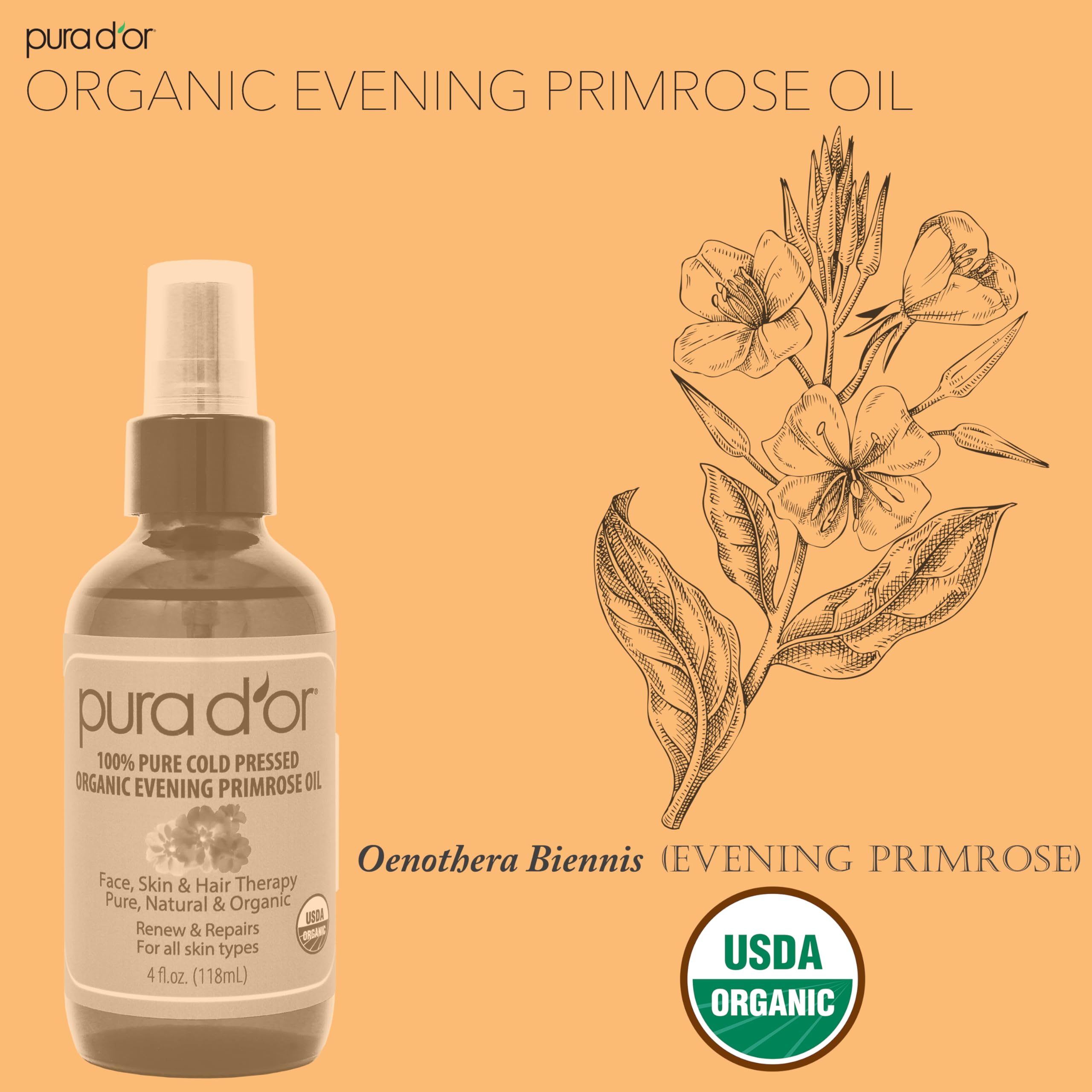 PURA DOR Organic Evening Primrose Oil (4oz) 100% Pure Cold Pressed w/Natural Essential Fatty Acids & Antioxidant Rich - Moistur