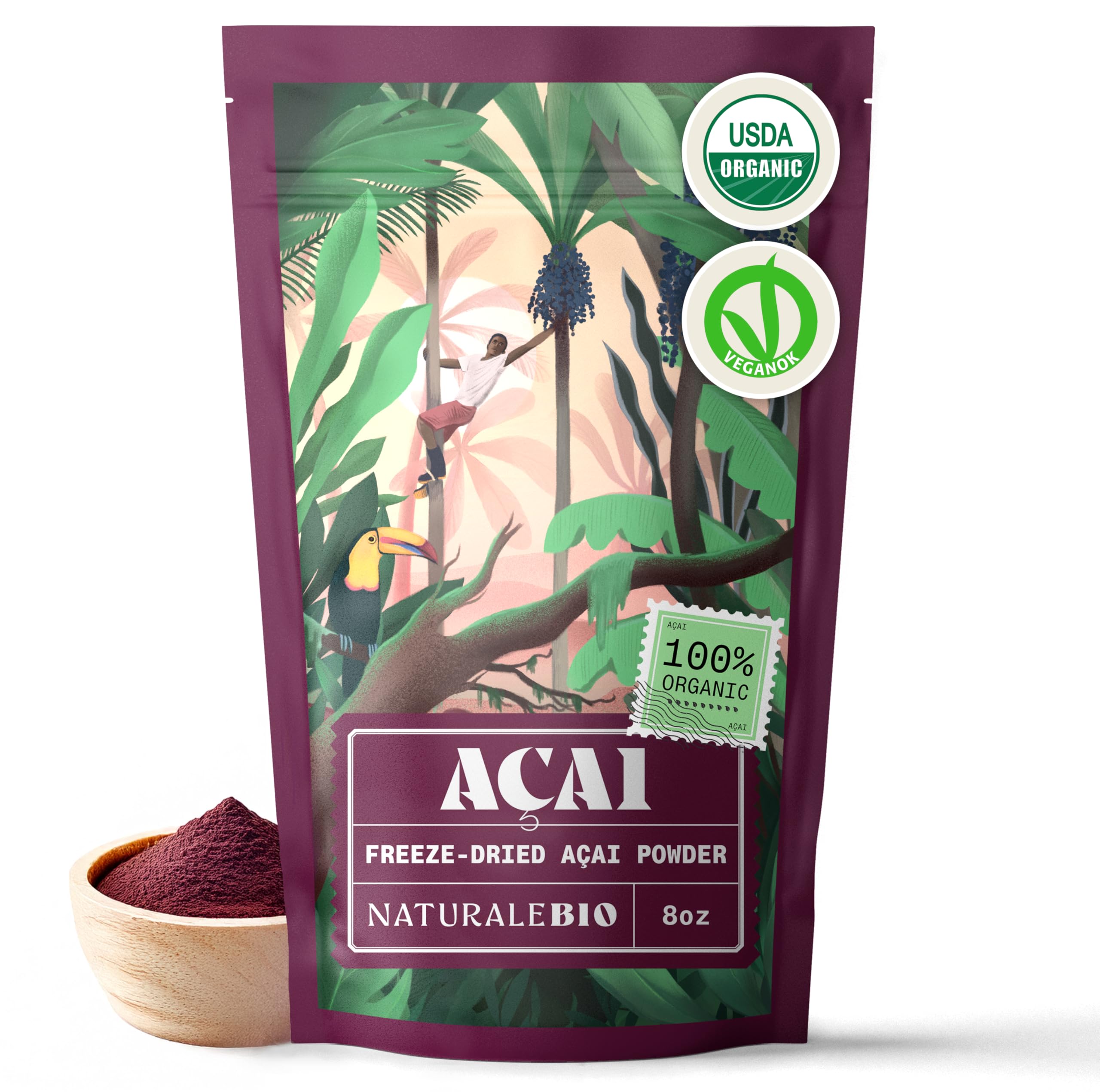 NaturaleBio Organic Acai Powder - 8oz Freeze Dried Acai Berry Powder (Freeze Dried) from Brazil - Dried Raw Food from Acai Fruit