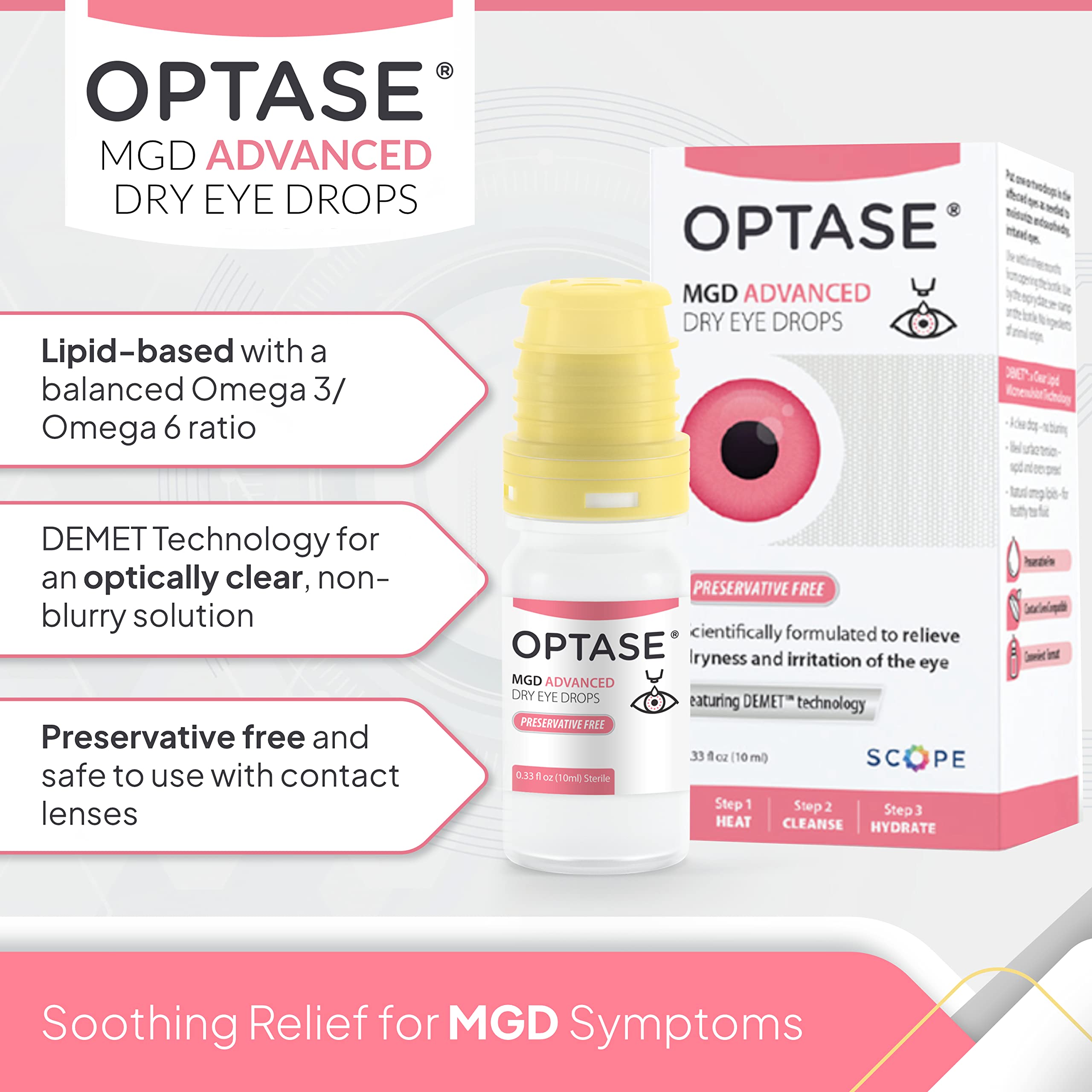 Optase MGD Advanced Dry Eye Drops - Preservative Free Eye Drops for Dry Eyes and MGD - Artificial Tears for MGD Symptoms - Demet