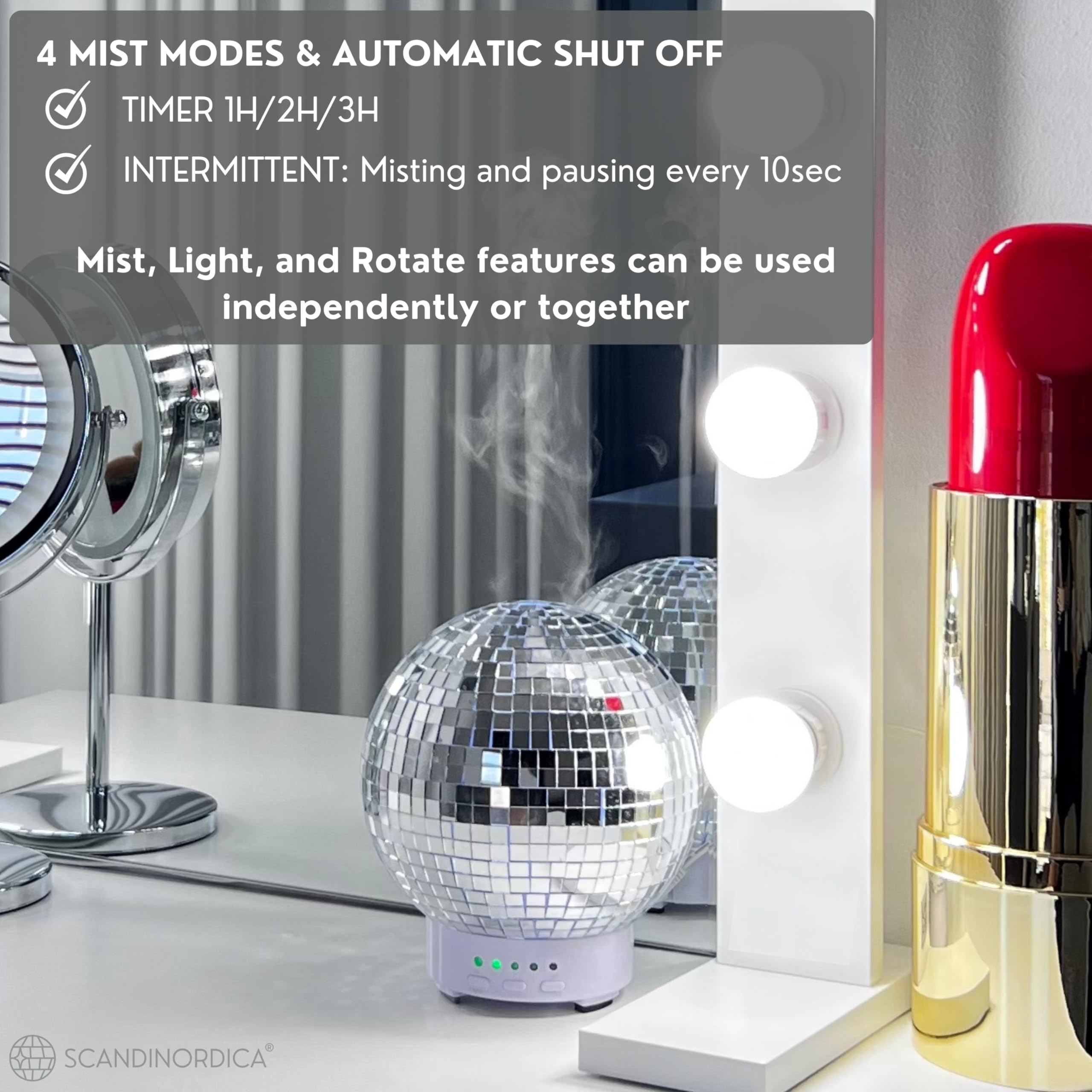 SCANDINORDICA Disco Ball Diffuser - Original Rotating Disco Essential Oil Diffuser with Whisper Quiet Operation, 14 Color Night