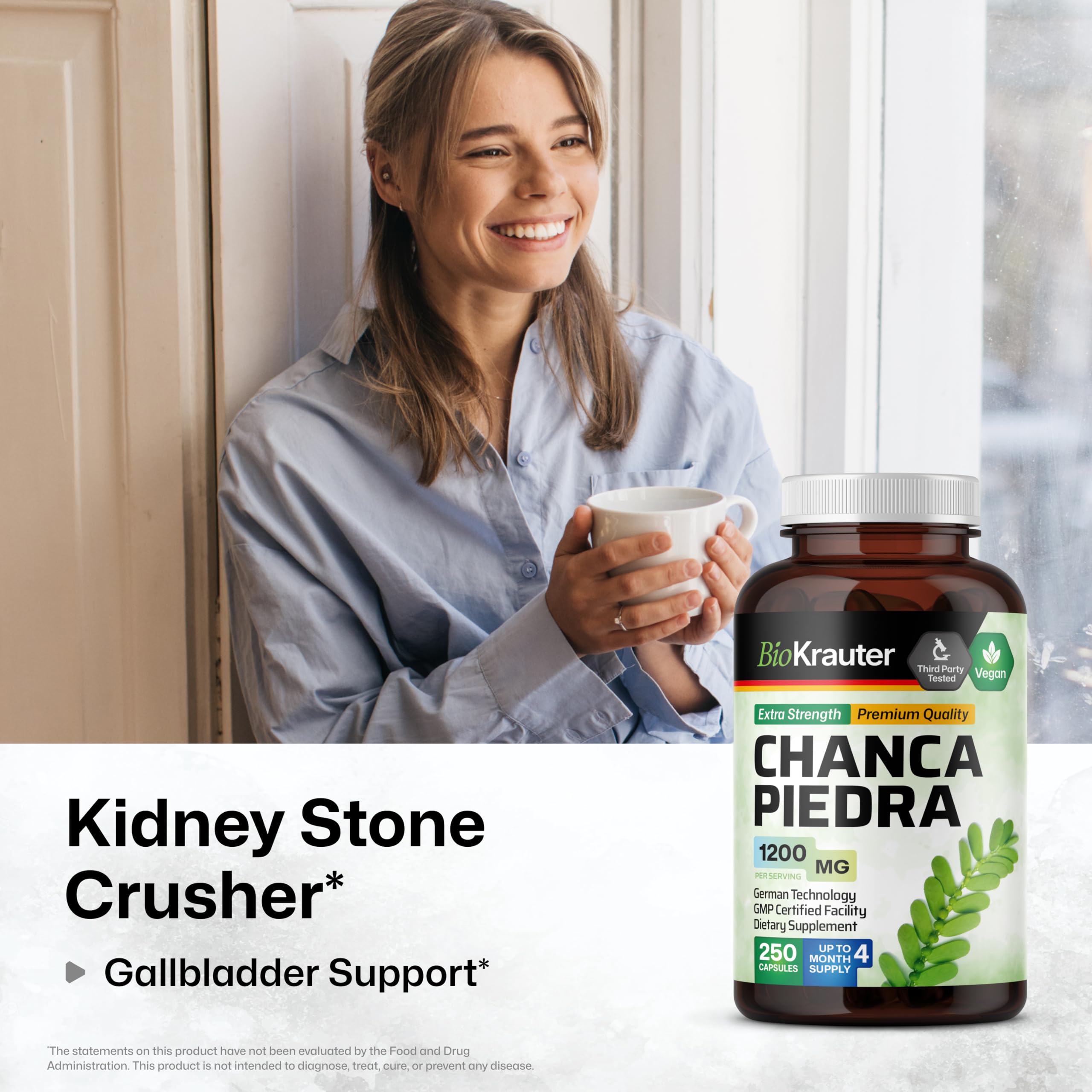 BIO KRAUTER Chanca Piedra Stone Breaker Capsules - 1200 mg Stonebreaker for Kidney Cleanse - 250 Chanca Piedra para Los Riones C