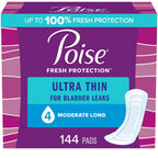 Poise Ultra Thin Incontinence Pads & Postpartum Incontinence Pads, 4 Drop Moderate Absorbency, Long Length, 144 Count (3 Packs o