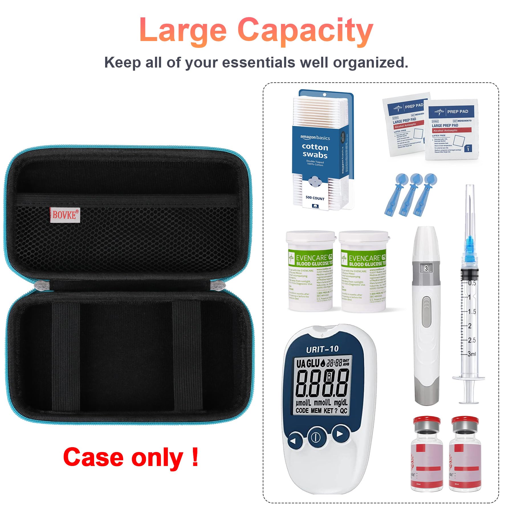 BOVKE Diabetic Supplies Case, Diabetes Travel Bag for Testing Kit, Blood Glucose Monitor Meters, Test Strips, Medication, Lancet