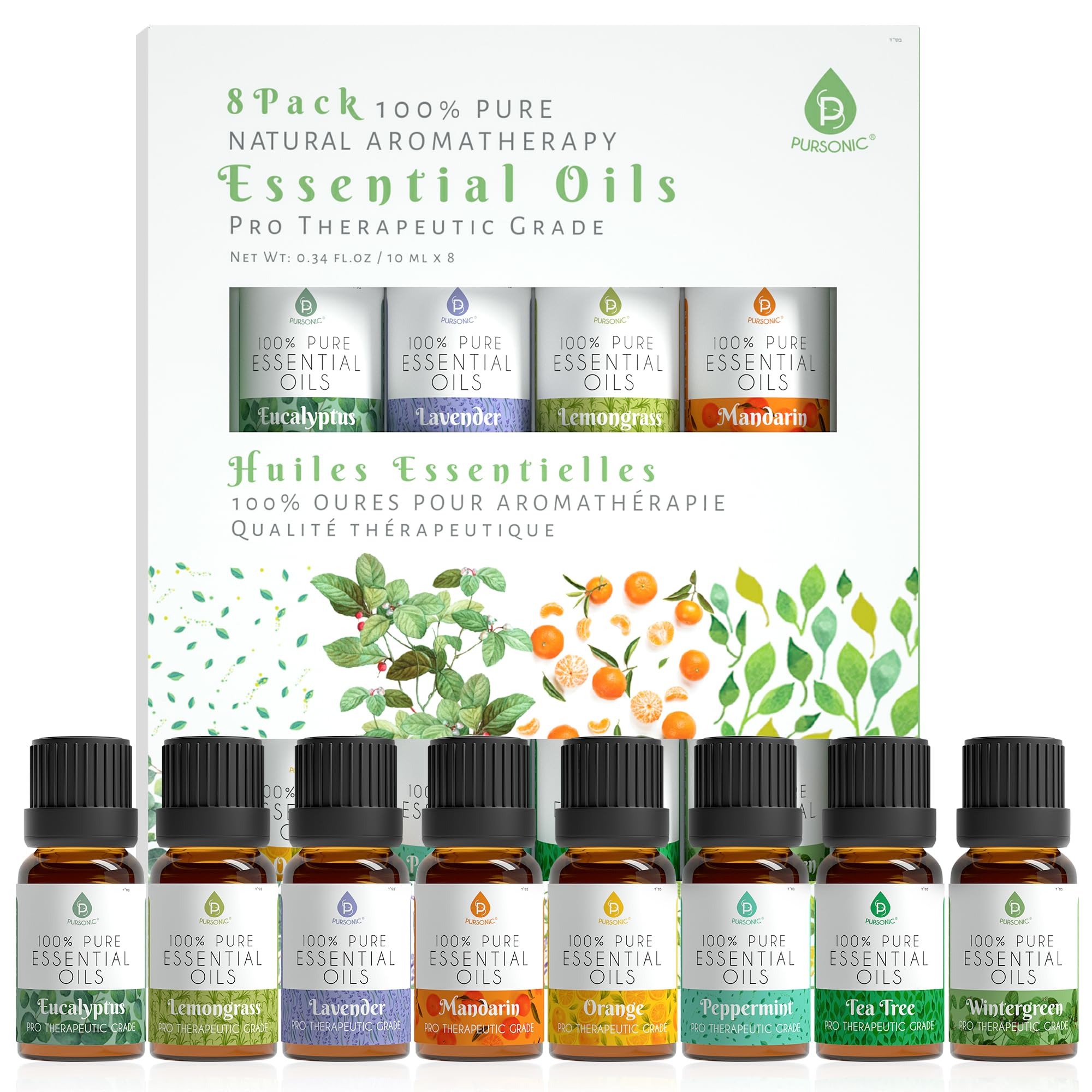 Pursonic Essential Oils Set - 8 Aromatherapy Oils Blends Gift Set - 10ml Pure Essential Oils for Diffusers, Home, Massage & Bath