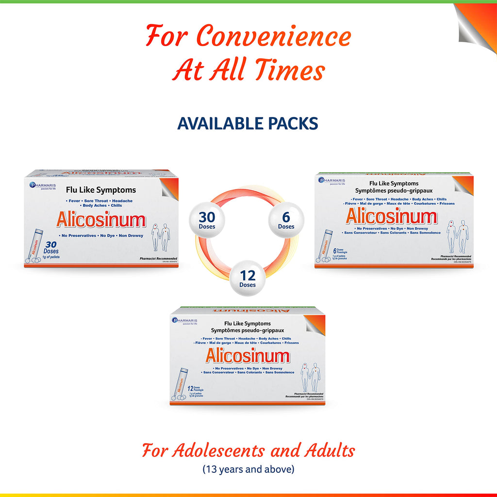 ALICOSINUM 30 doses Homeopathic Medicine for Relief of Multiple Flu-Like Symptoms Such as Fever, Sore Throat, Headache, Body Ach