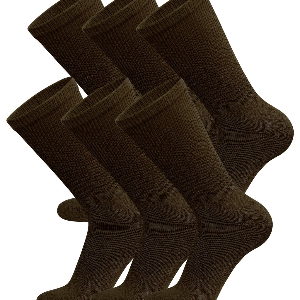 6 Pairs of Cotton Diabetic Non-Binding Neuropathy Crew Socks (Deep Brown, Fits Mens Shoe Size 8-10/Womens shoe size 9-11)
