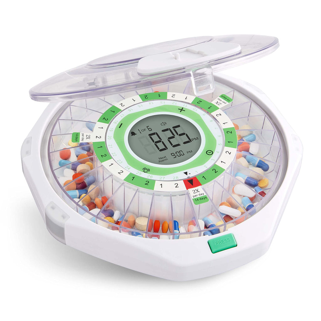 Live Fine 28-Day Automatic Pill Dispenser Frosted Lid with Upgraded LCD Display and Key Lock, Sound & Light for Prescriptions, M