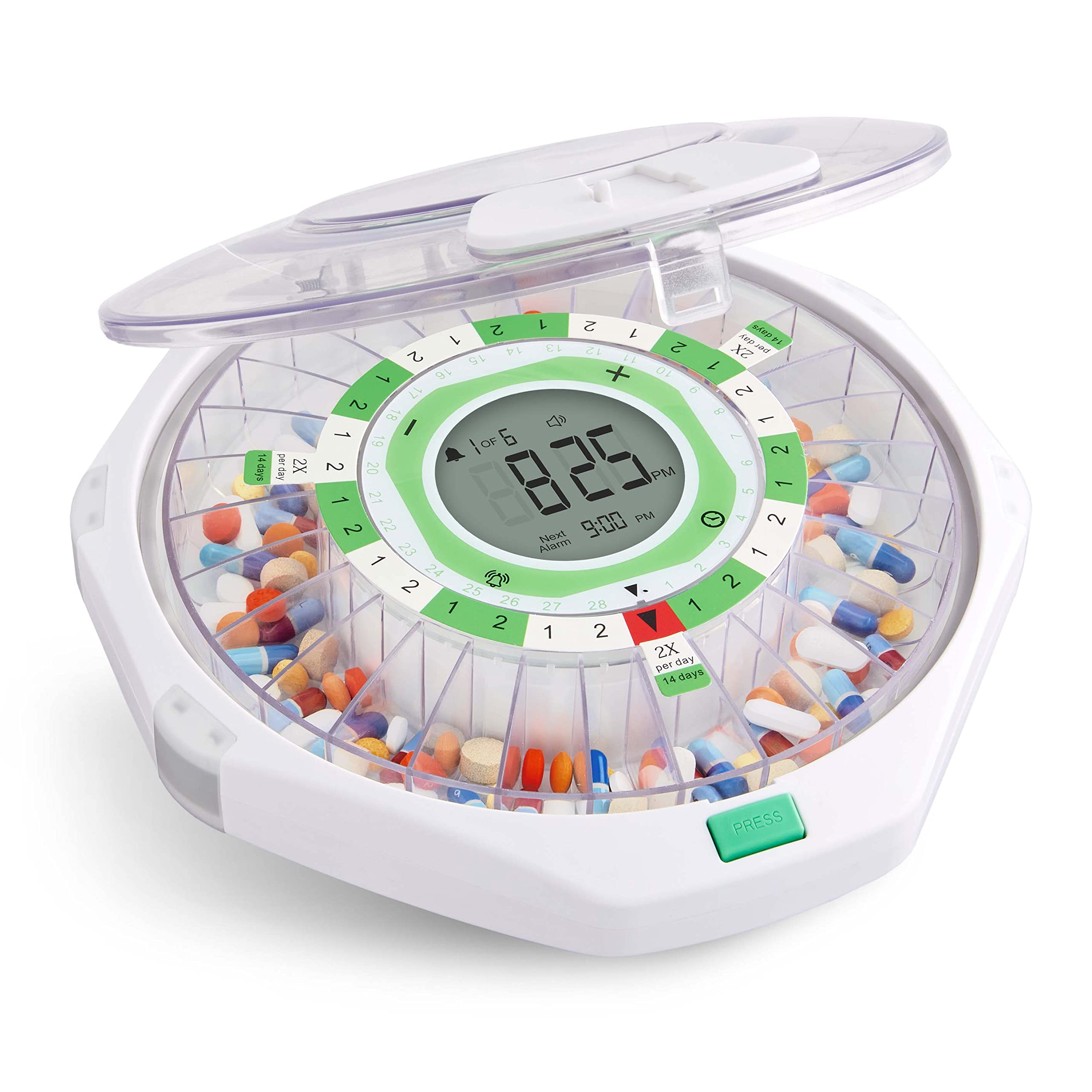 Live Fine 28-Day Automatic Pill Dispenser Frosted Lid with Upgraded LCD Display and Key Lock, Sound & Light for Prescriptions, M