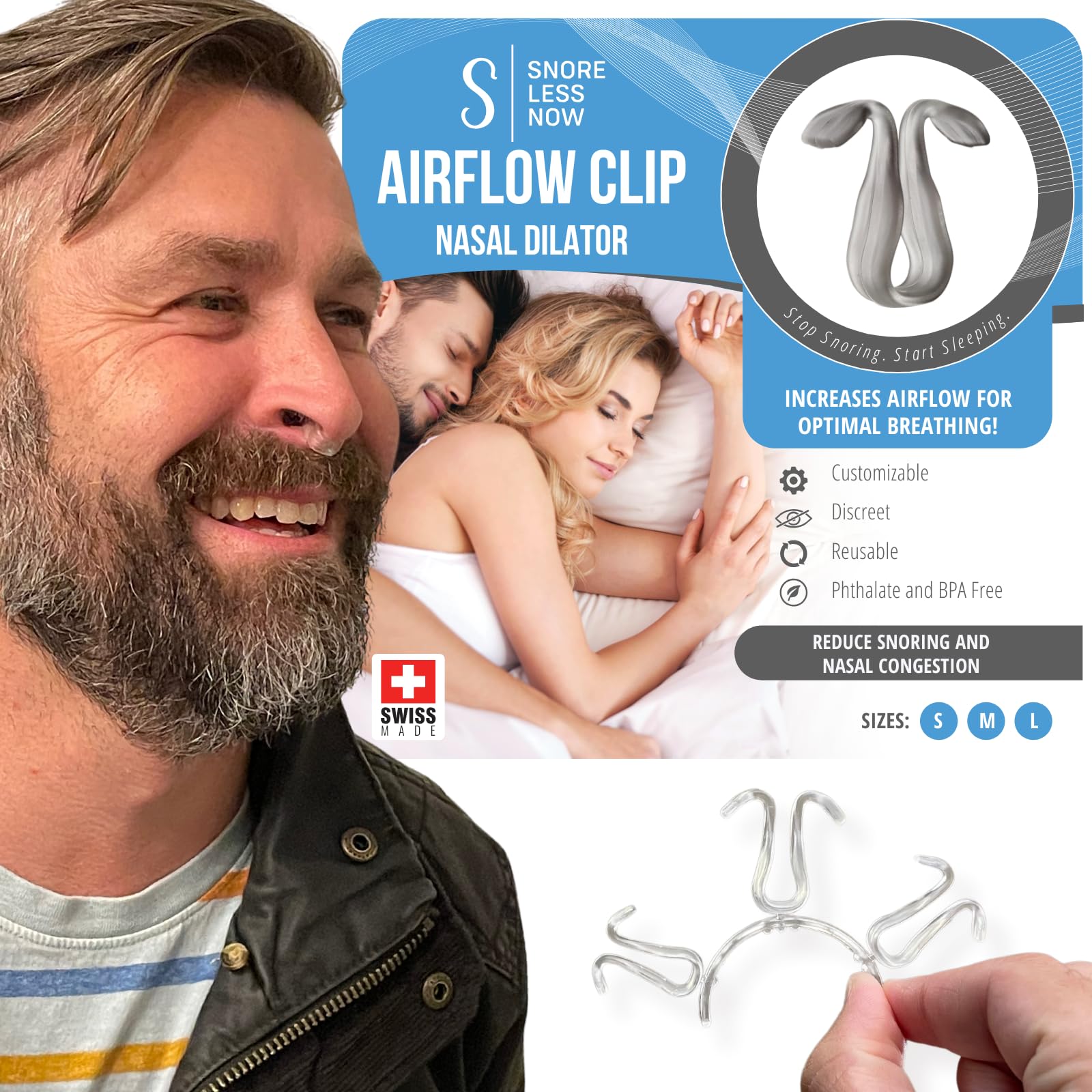 Airflow Clip Nasal Dilator by SnoreLessNow | SwissMade AntiSnoring Nose Clip | Nasal Dilators for Sleeping & Breathing, BPAFr