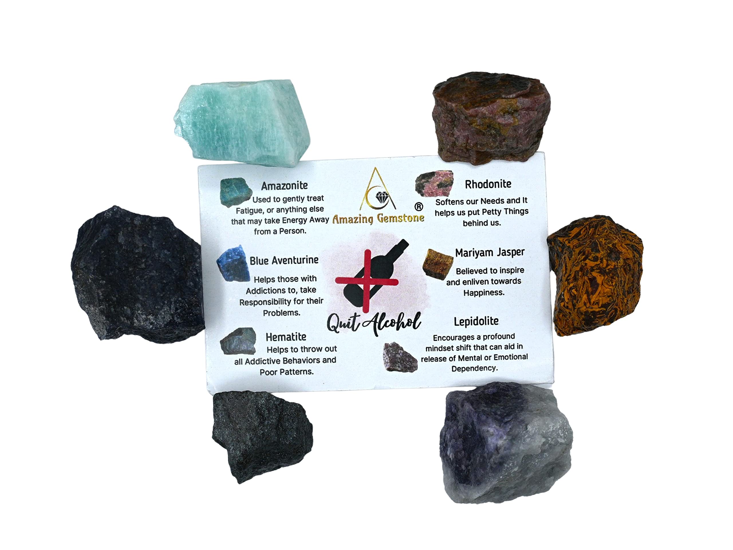 Crystals for Quit Alcohol Manifestation, Set of 6 Amazonite, Blue Aventurine, Hematite, Rhodonite, Mariyam Jasper and Lepidolite
