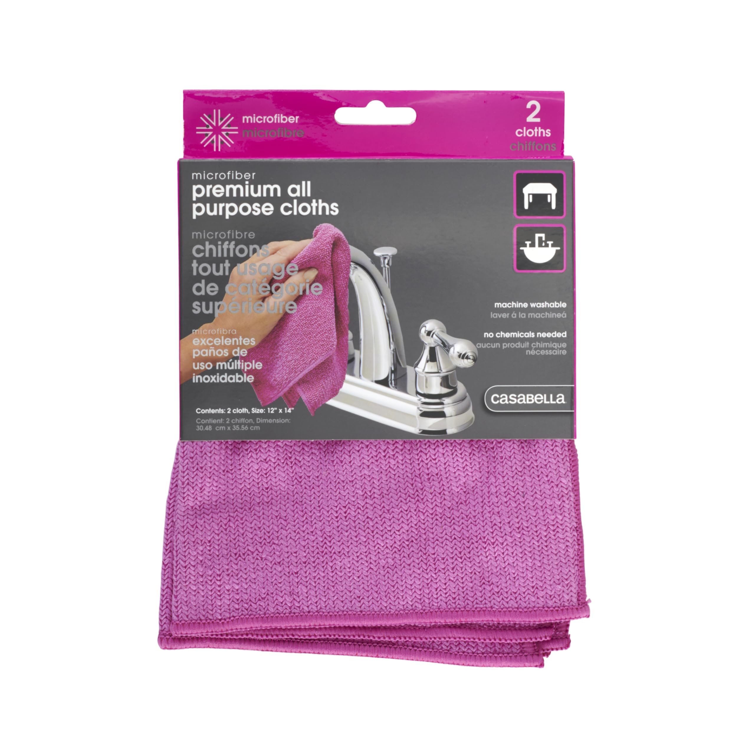 Casabella Microfiber 12 x 14 Cleaning Cloths, (Pack of 2), 1 EA, Magenta All Purpose, 2 Count