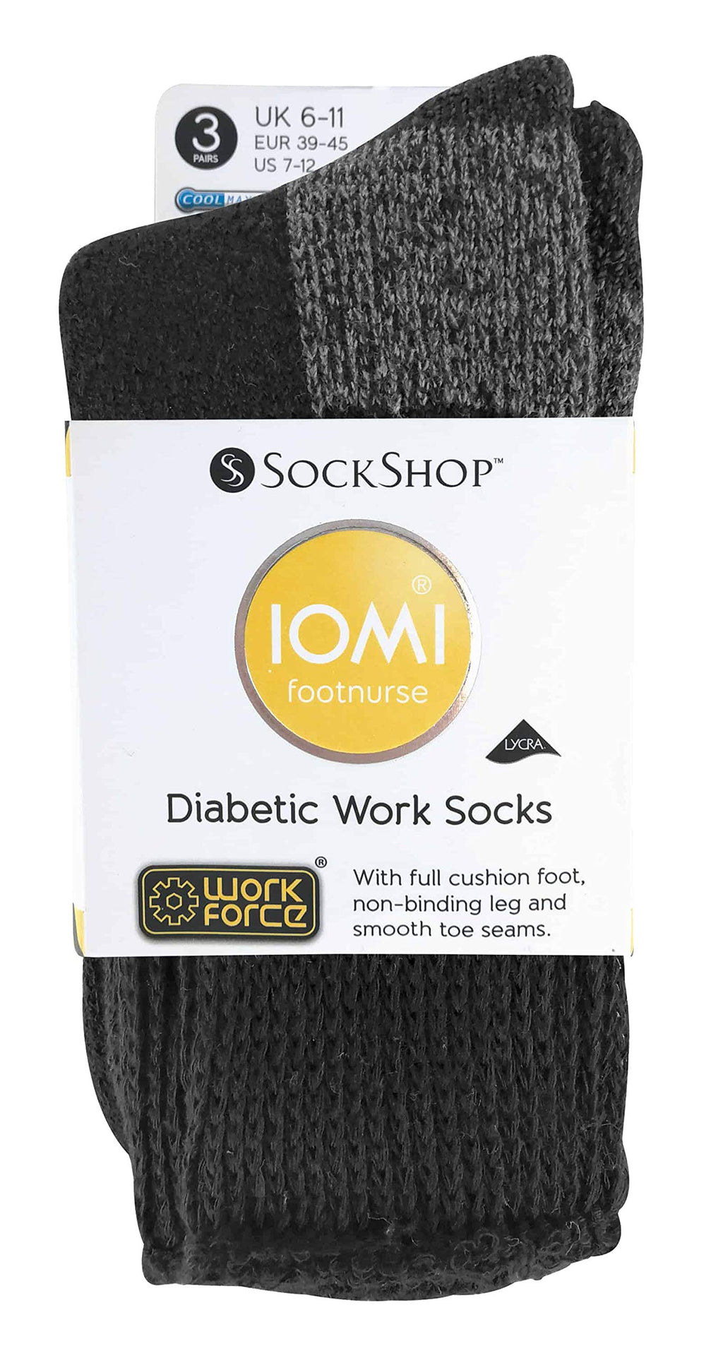 IOMI - 3 Pack Mens Extra Wide Loose Top Cushioned Cotton Diabetic Work Socks (7-12 us, Black (Work))