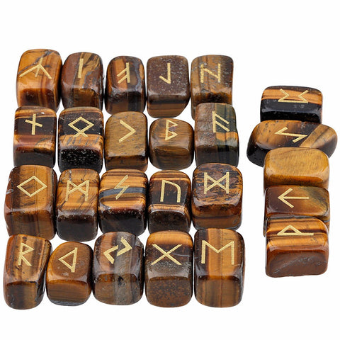 rockcloud Tiger's Eye Rune Stones Tumbled Engraved Lettering Crystal Set for Wicca Crystals Healing Chakra Reiki