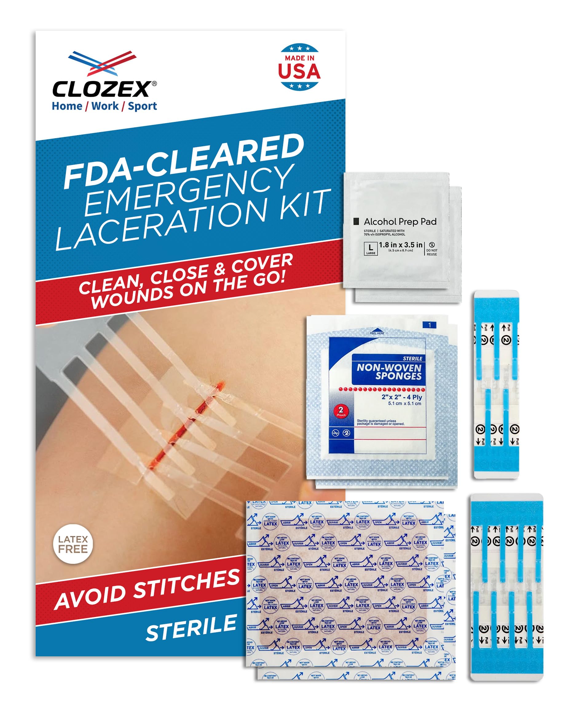 Clozex Complete Emergency Laceration Kit - Repair Wounds Without Stitches, FSA HSA Eligible Skin Clean Cover Closure Device for 
