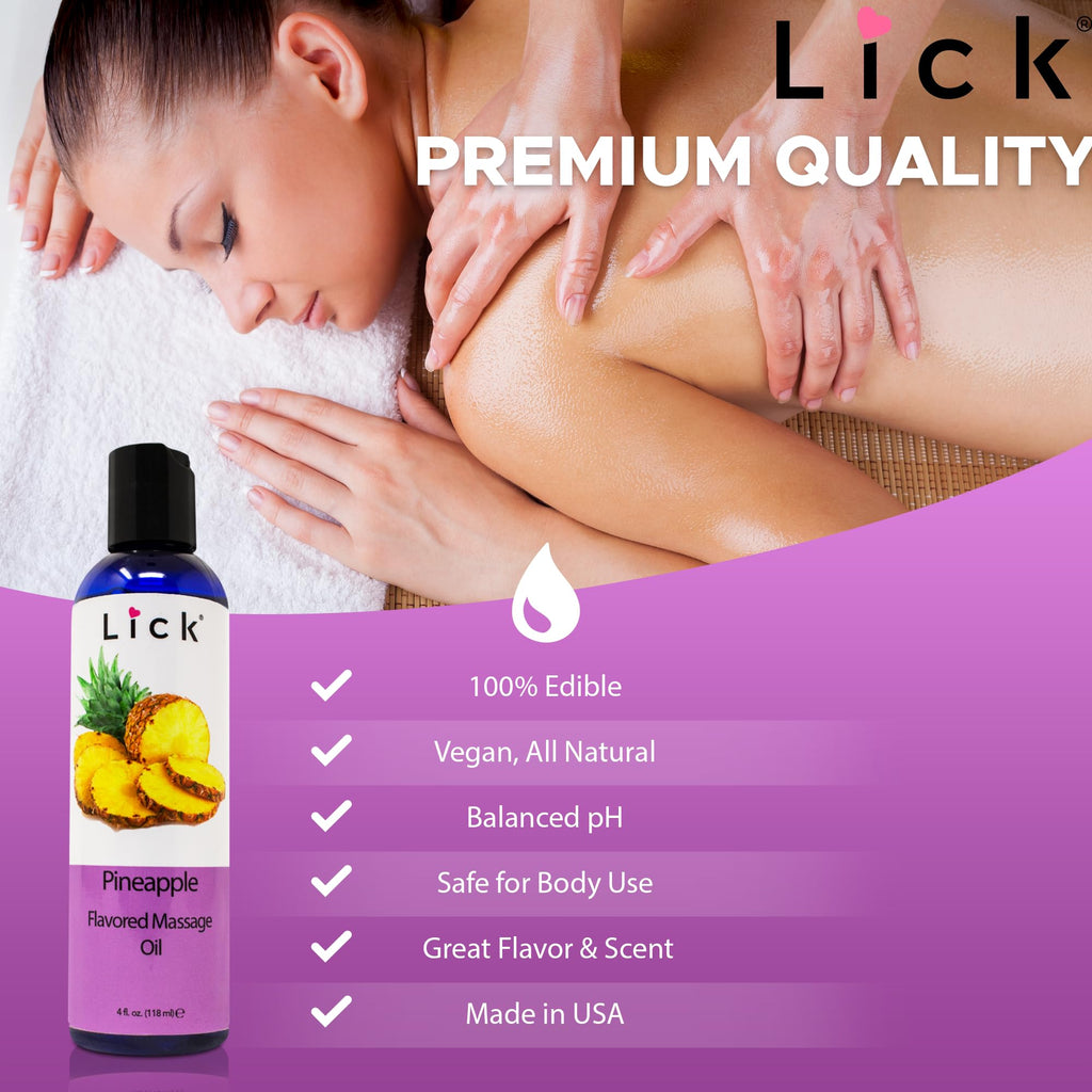 Lick Pineapple Flavored Massage Oil - Romantic, Body Safe, Non-Greasy Formula, Date Night 4 oz
