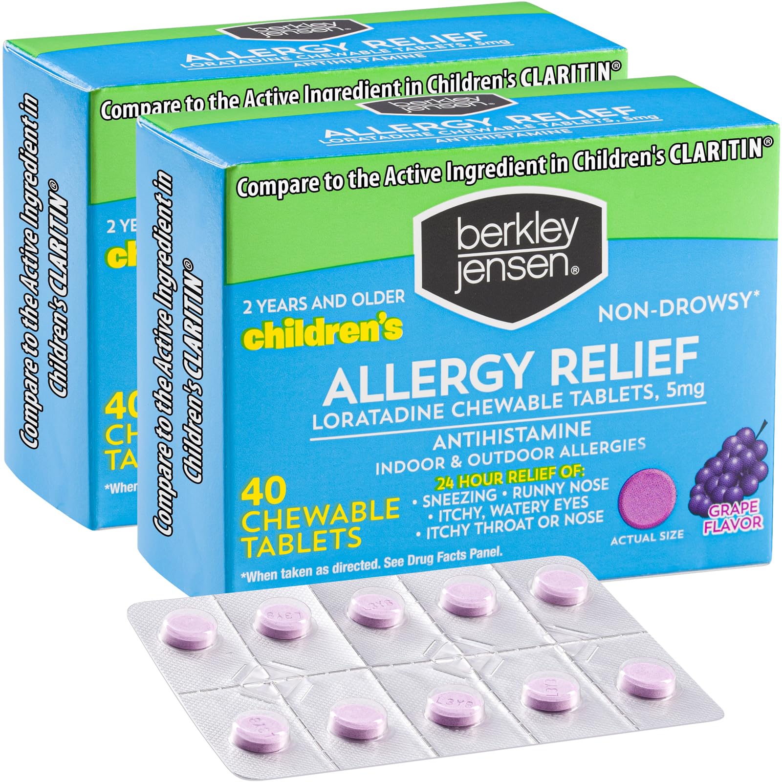 Berkley Jensen Allergy Relief Childrens Chewables Loratadine, Non Drowsy 24 Hour Kids Allergy Medicine, 80 Grape Antihistamine